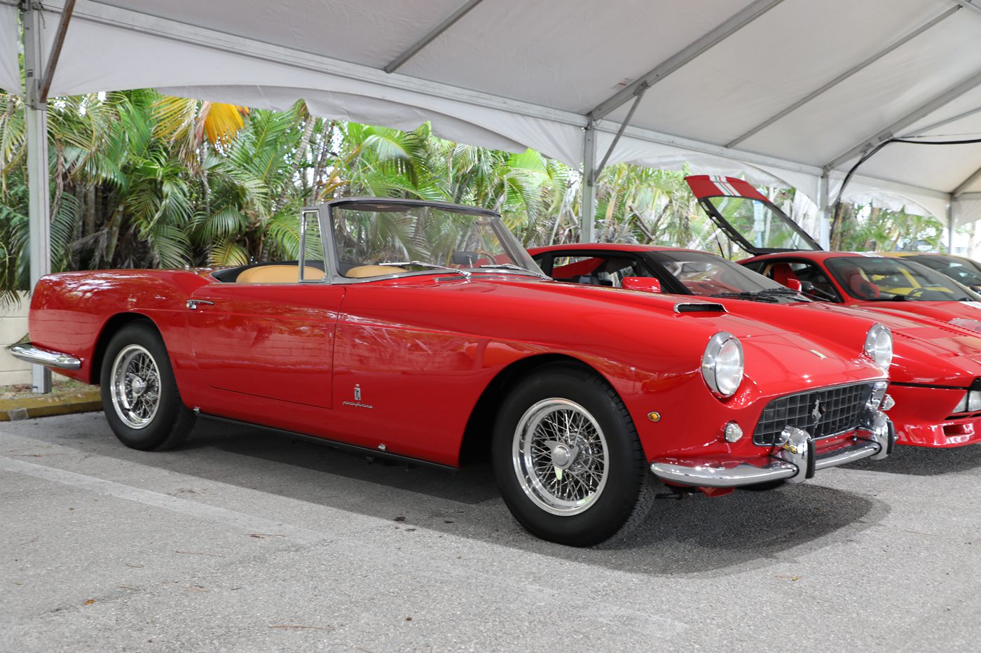 An exclusive drive awaits with this classic red convertible, featuring chrome wire wheels. It's elegantly parked under a white canopy, surrounded by tropical plants and other luxurious cars at the prestigious Cars on 5th event.