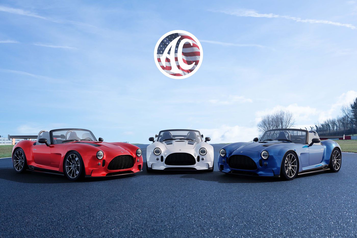 Three sports cars—red, white, and blue—are parked on asphalt under a blue sky with a logo featuring the letters "AC" and an American flag design above them.