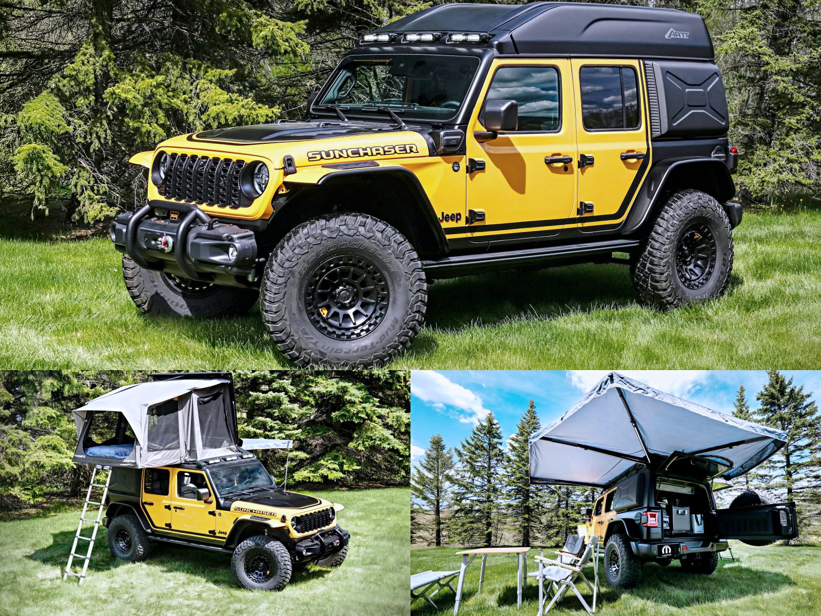 A yellow Jeep with off-road tires and a rooftop tent setup—one thing that makes this carbon-fiber tent a game changer for the Jeep Wrangler is its lightweight durability, shown here parked on grass with outdoor camping gear neatly arranged nearby.