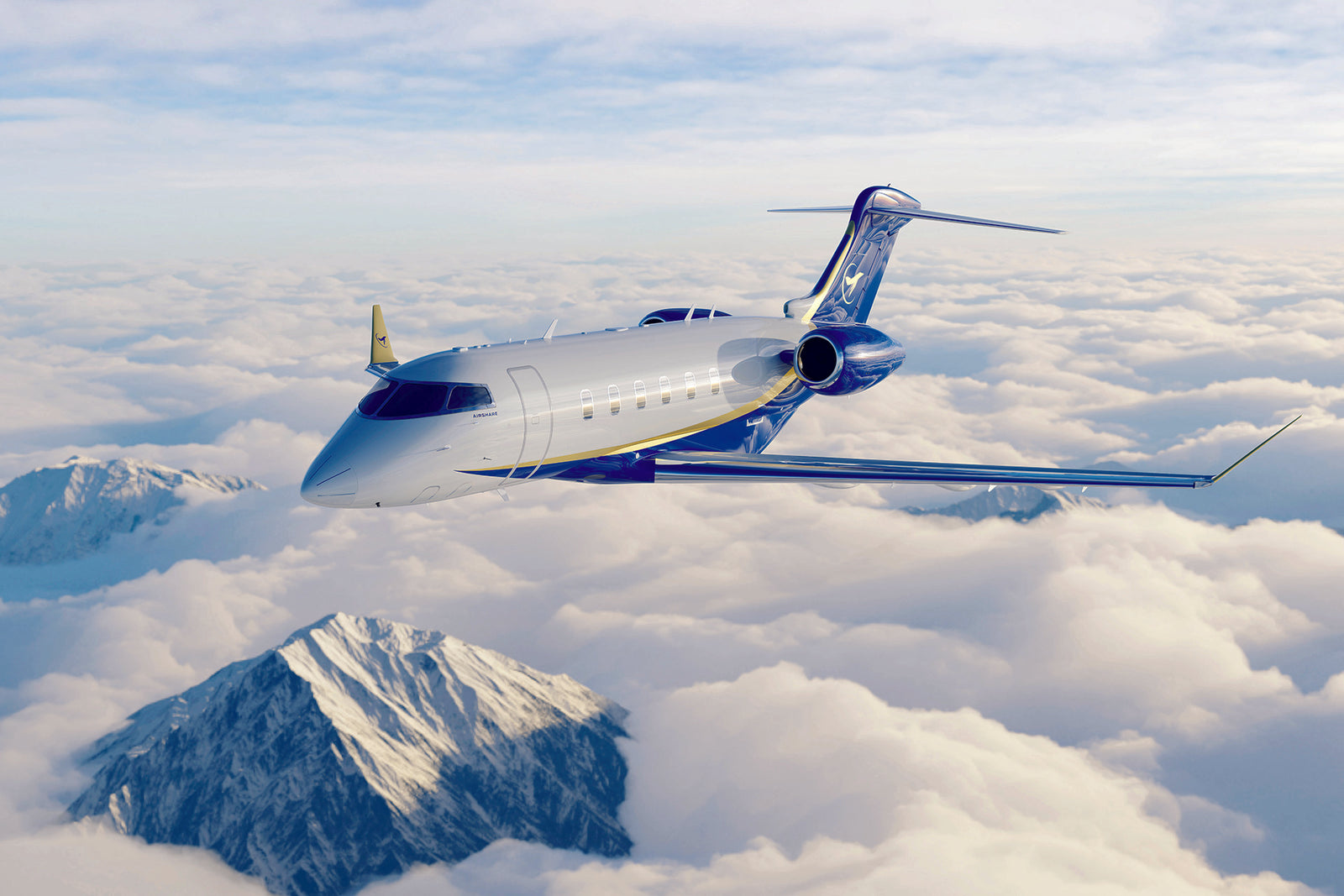 A blue and white private jet, representing the pinnacle of private aviation provided by Airshare, soars over cloud-covered snowy mountains under a clear sky.