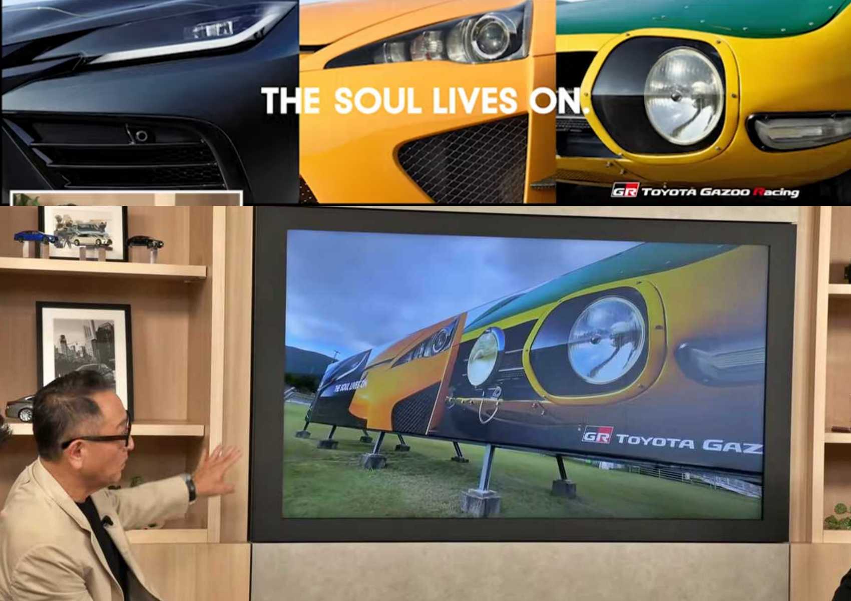 A man gestures toward a screen displaying close-ups of Toyota car headlights and banners with the GR Toyota Gazoo Racing logo, as Toyota confirms December reveal for its first true Gazoo Racing supercar.