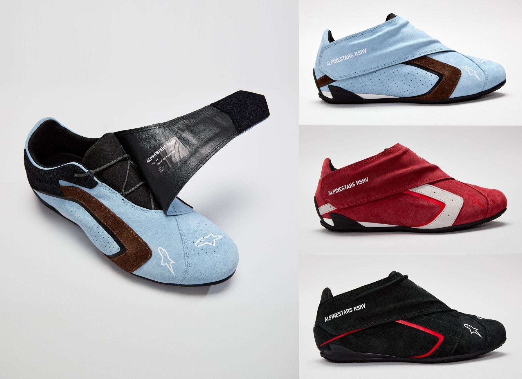 Four racing shoes in light blue, red, and black colors with a distinctive wrap-over flap design, displayed from different angles—showcasing the F1 DNA inspired by Alpinestars RSRV performance.