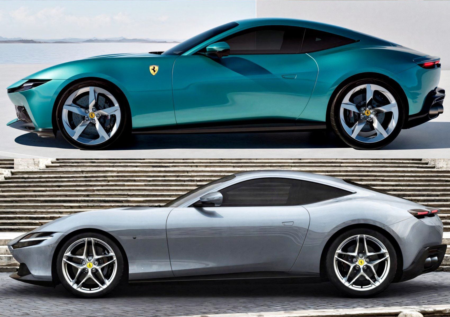 Side view of two Ferrari Roma cars parked, one in teal and one in silver, showcasing their sleek coupe design—reminding us that the 2026 Ferrari Amalfi breaks cover as much more than a simple Roma facelift.