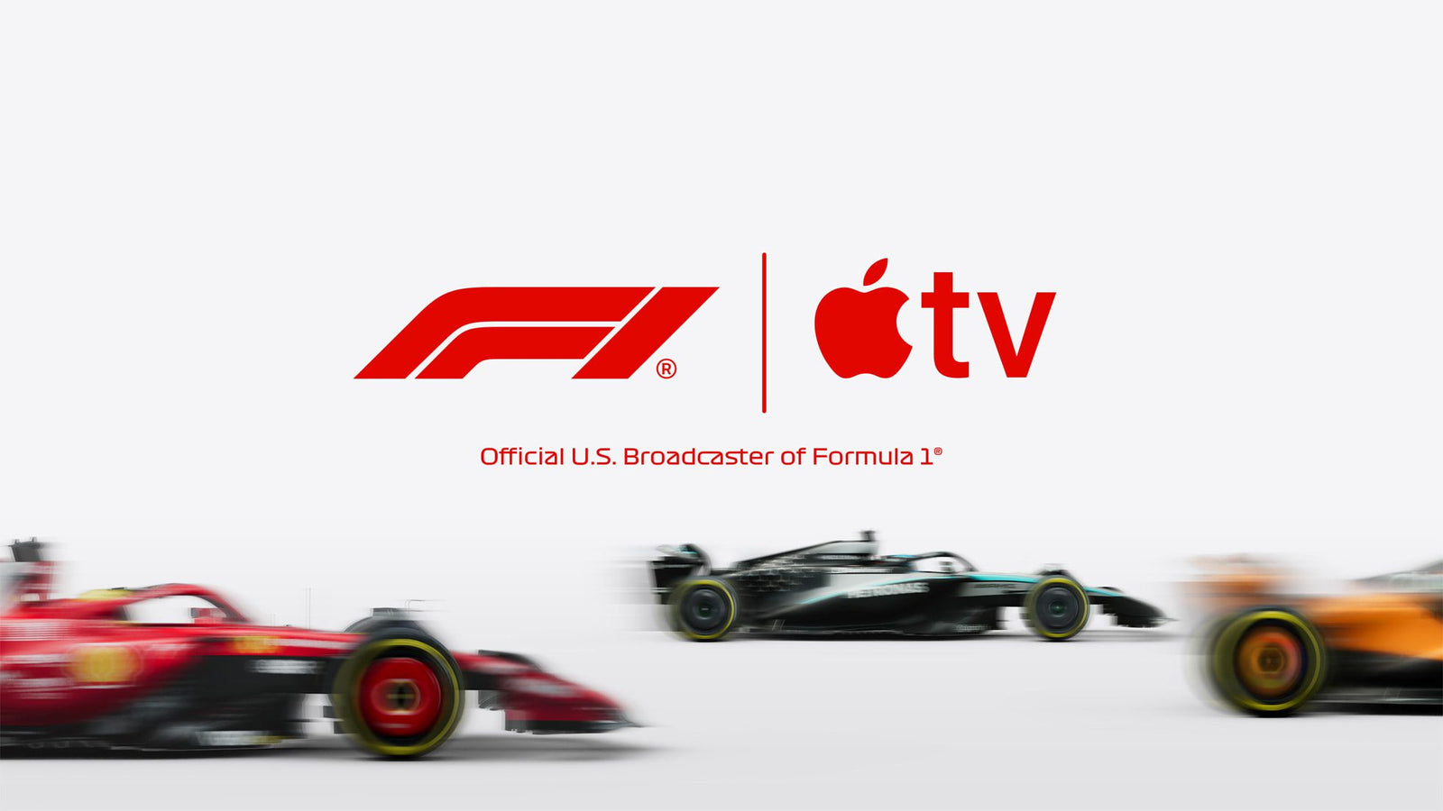 F1 and Apple TV logos above blurred Formula 1 cars, with text stating "Official U.S. Broadcaster of Formula 1. F1 streaming coming to Apple TV in 2026.