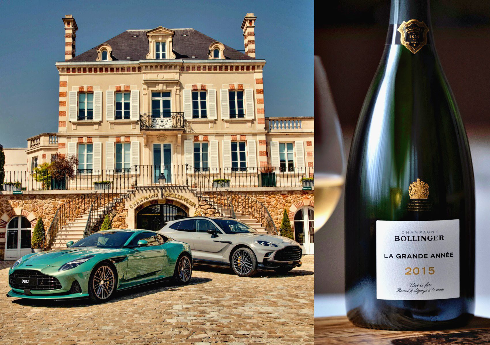 A luxury mansion with two high-end cars parked in front—including an Aston Martin—alongside a close-up of a 2015 Bollinger La Grande Année champagne bottle, celebrating Aston Martin naming Champagne Bollinger as its official champagne partner.