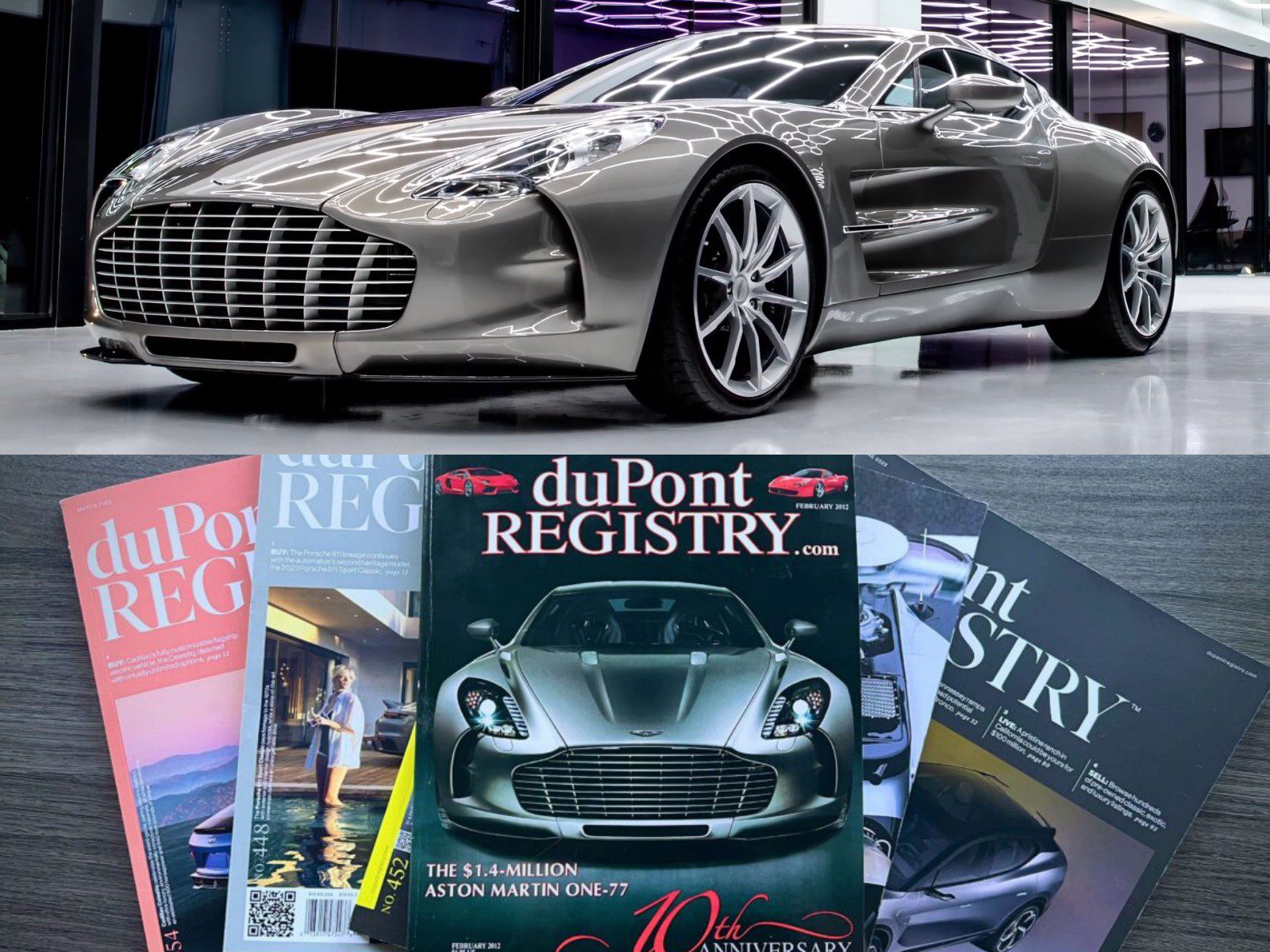 A silver Aston Martin One-77 sports car is displayed above, while below are issues of duPont Registry magazine featuring the same car on the cover—highlighting The Incredible Story Of The '78th' Aston Martin One-77.