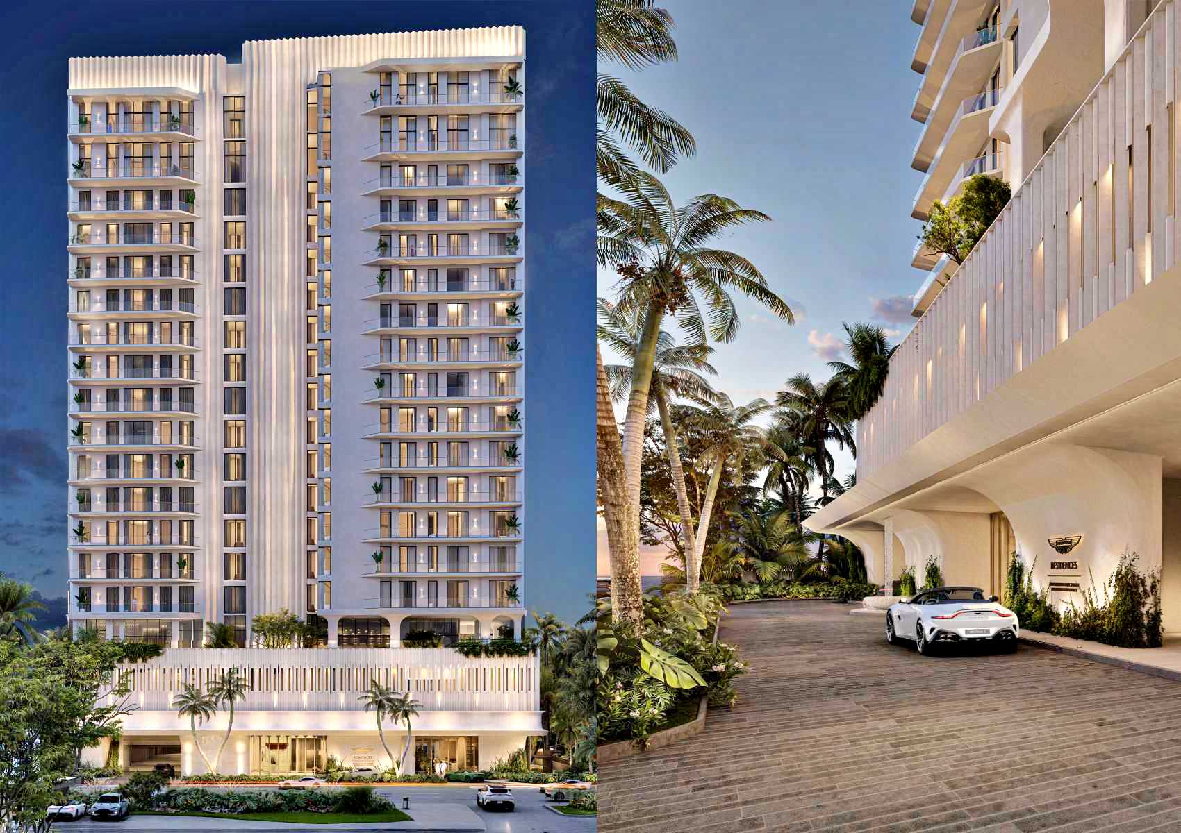 Two views of a modern high-rise residential building with balconies and palm trees in Daytona Beach Shores, featuring a sleek white car—perfect for Aston Martin enthusiasts—in the driveway. An exceptional real estate opportunity.