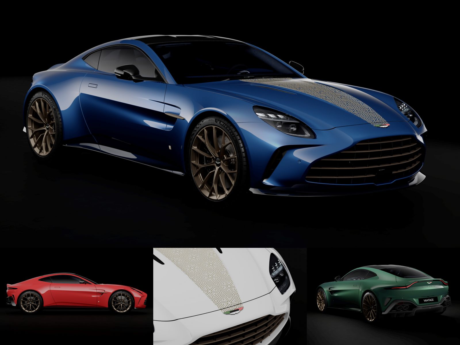 Four sports cars are shown: a blue coupe with gold wheels and a patterned hood, a red coupe side view, a white hood close-up, and a green coupe rear view—celebrating Aston Martin marking 10 years in Mexico with six bespoke Q-Commission Vantage Coupes.