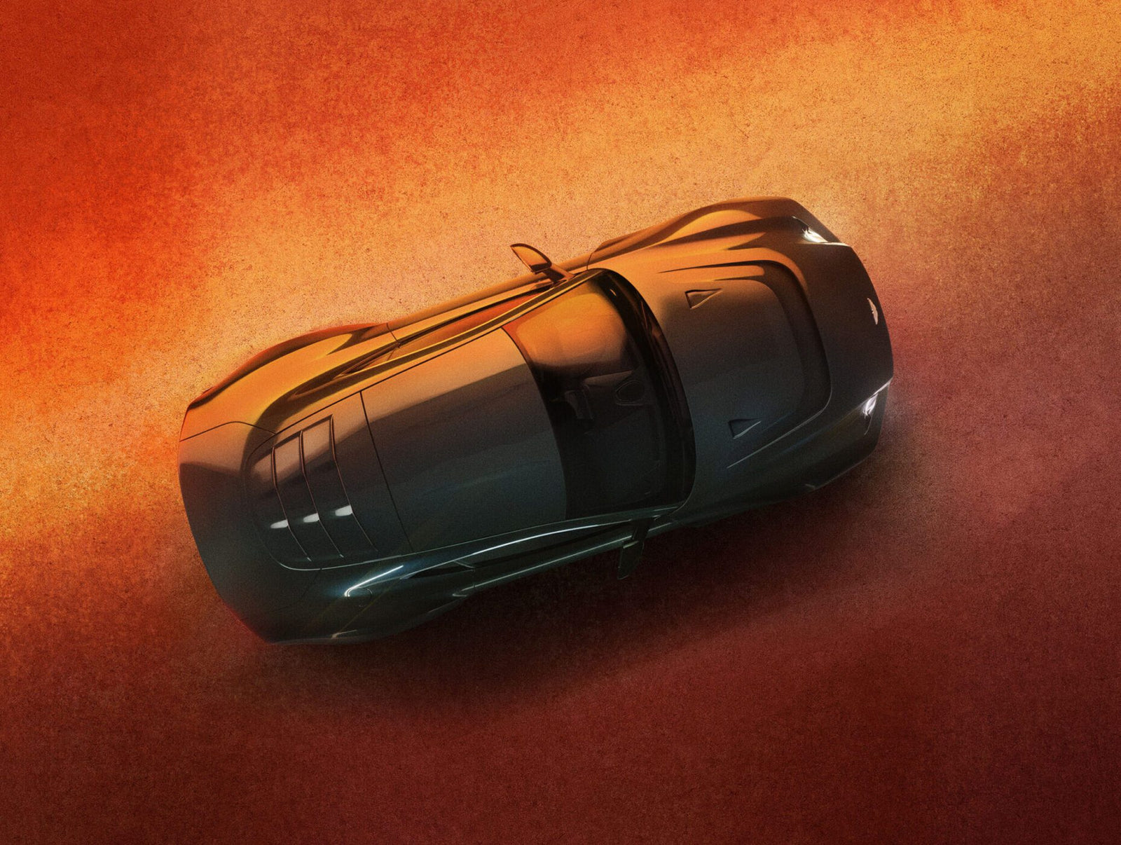 A shiny, black sports car is viewed from above, parked on a textured, orange surface with subtle lighting highlighting its sleek design.