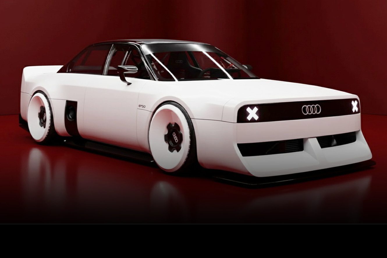 A futuristic white Audi concept car with a boxy design, black roof, and minimalist LED lights is displayed against a red background. This '80s Retro-inspired Audi Design Study is actually an RS3 underneath.