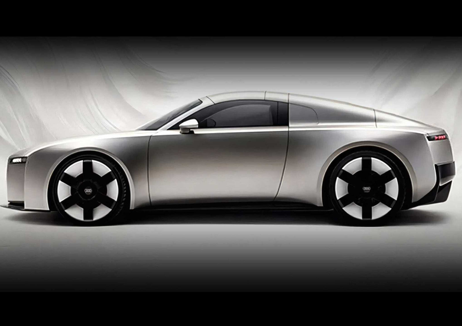 A silver, two-door concept car with a sleek, futuristic design—possibly an Audi TT successor or flagship EV—is shown in profile against a plain gradient background.