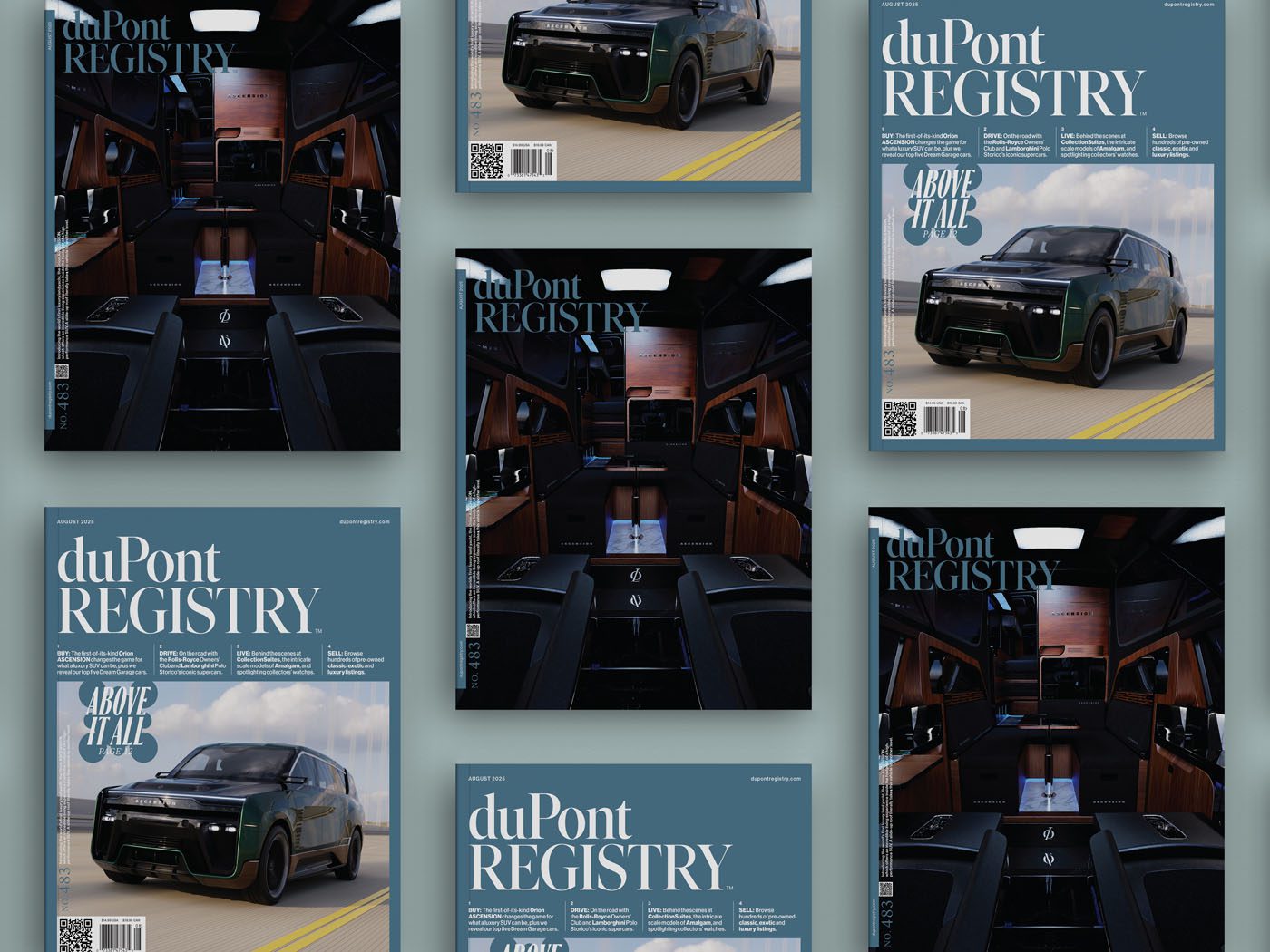 Multiple copies of the August 2025 duPont REGISTRY magazine, featuring a green luxury SUV and its upscale interior on the covers, are artfully arranged on a light blue background.