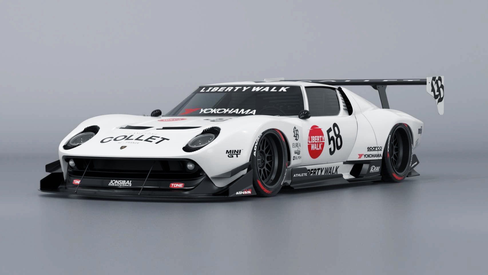A sleek, custom Lamborghini sports car with a wide body kit by Liberty Walk, racing decals, a prominent rear wing, and number 58 displayed, set against a neutral background.