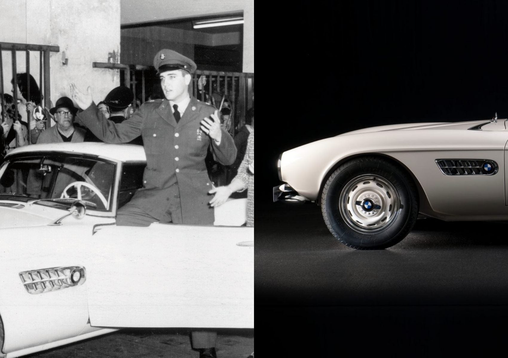 Split image: On the left, a man in military uniform stands beside a vintage car, addressing a crowd. On the right, see how this BMW went from bold gamble to blue-chip classic—a close-up side view of the iconic white sports car.