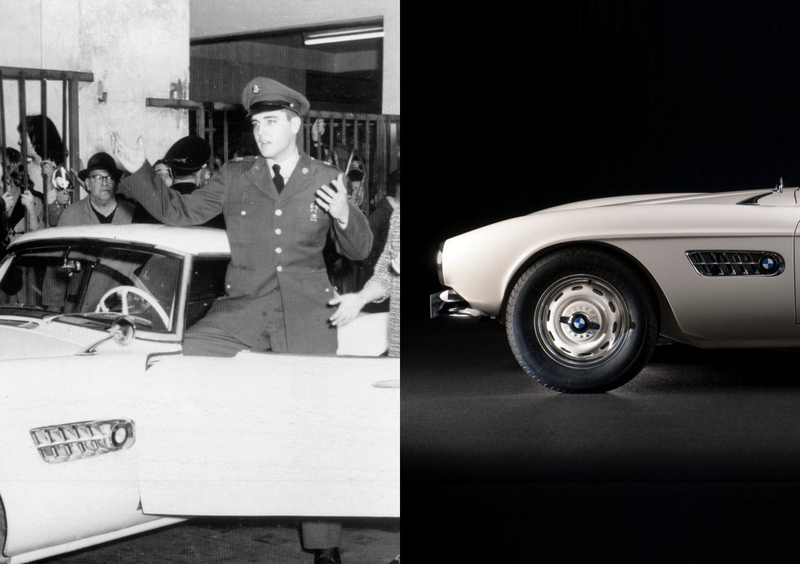 Split image: On the left, a man in military uniform stands beside a vintage car, addressing a crowd. On the right, see how this BMW went from bold gamble to blue-chip classic—a close-up side view of the iconic white sports car.