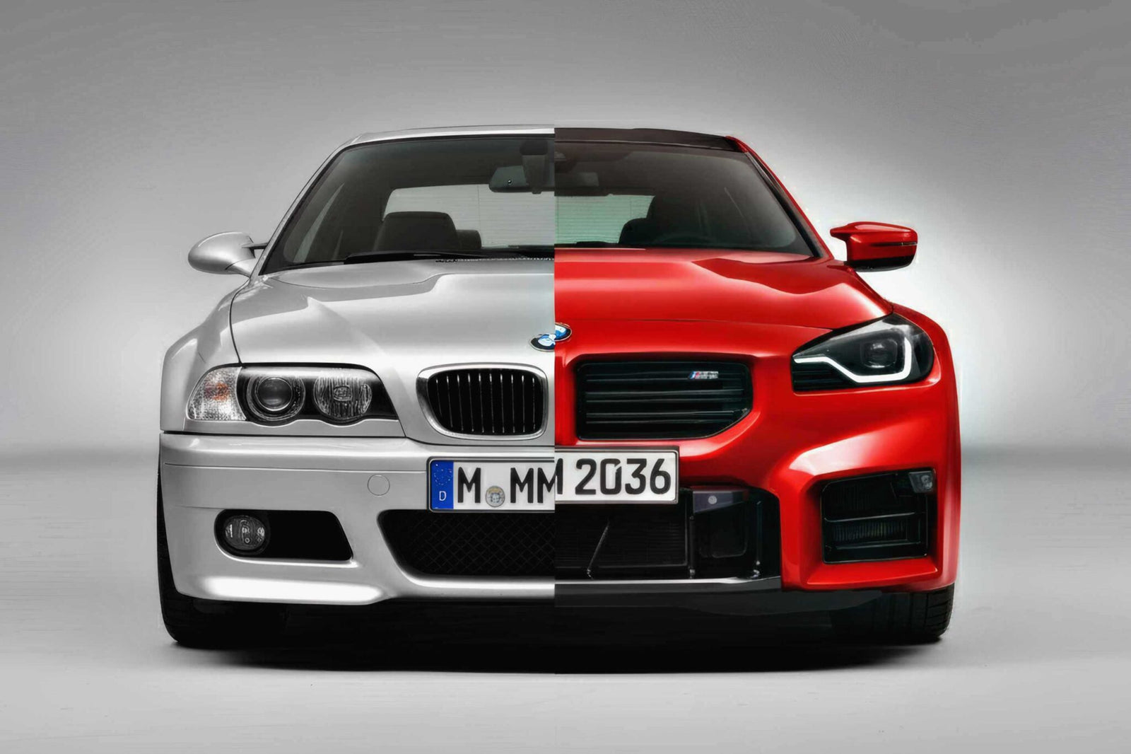 A composite image showing the front halves of two BMW cars, one silver E46 M3 and one red, aligned side by side to highlight design differences in a modern-day comparison.