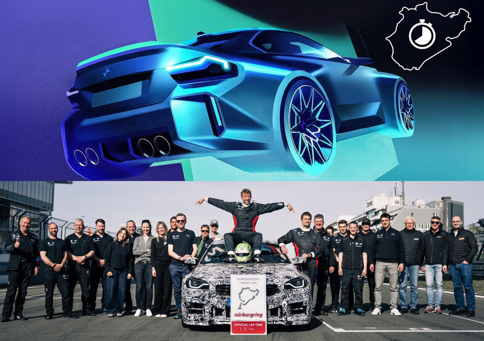 A concept design of a sports car above a photo of a team posing with a camouflaged BMW M2 CS prototype on a track, both featuring Nürburgring logos and celebrating a recent Nürburgring record.