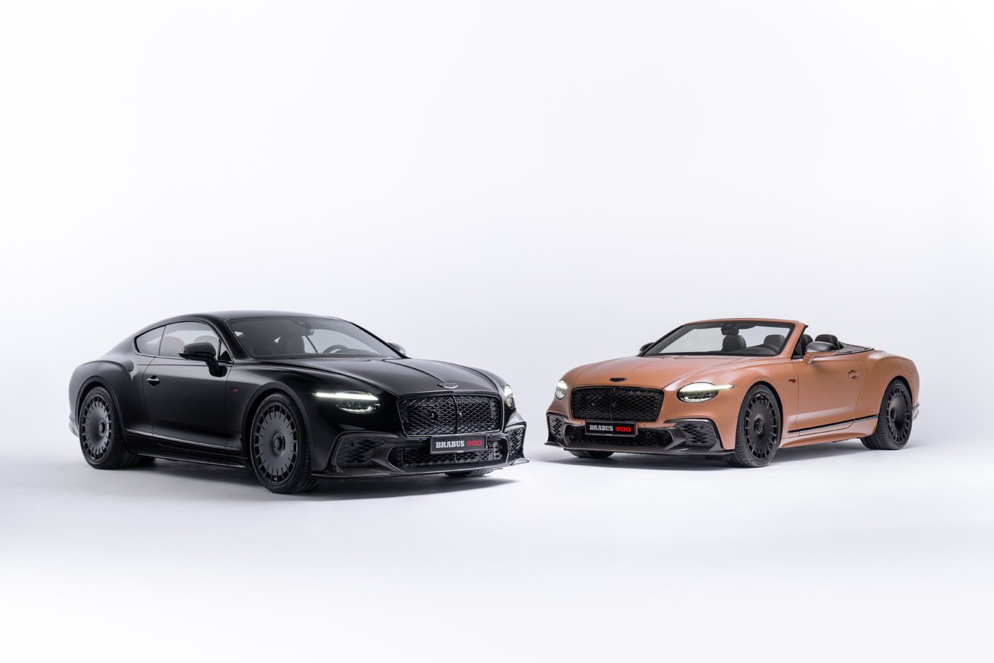 A BRABUS 900 SUPERBLACK coupe and a matte orange Bentley convertible are displayed side by side on a plain white background, showcasing their luxury sports car elegance.