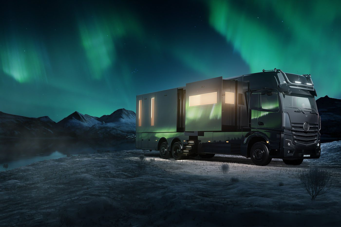 A BIG BOY 1200 truck with extended sections is parked in a snowy landscape under a vivid display of the Northern Lights.