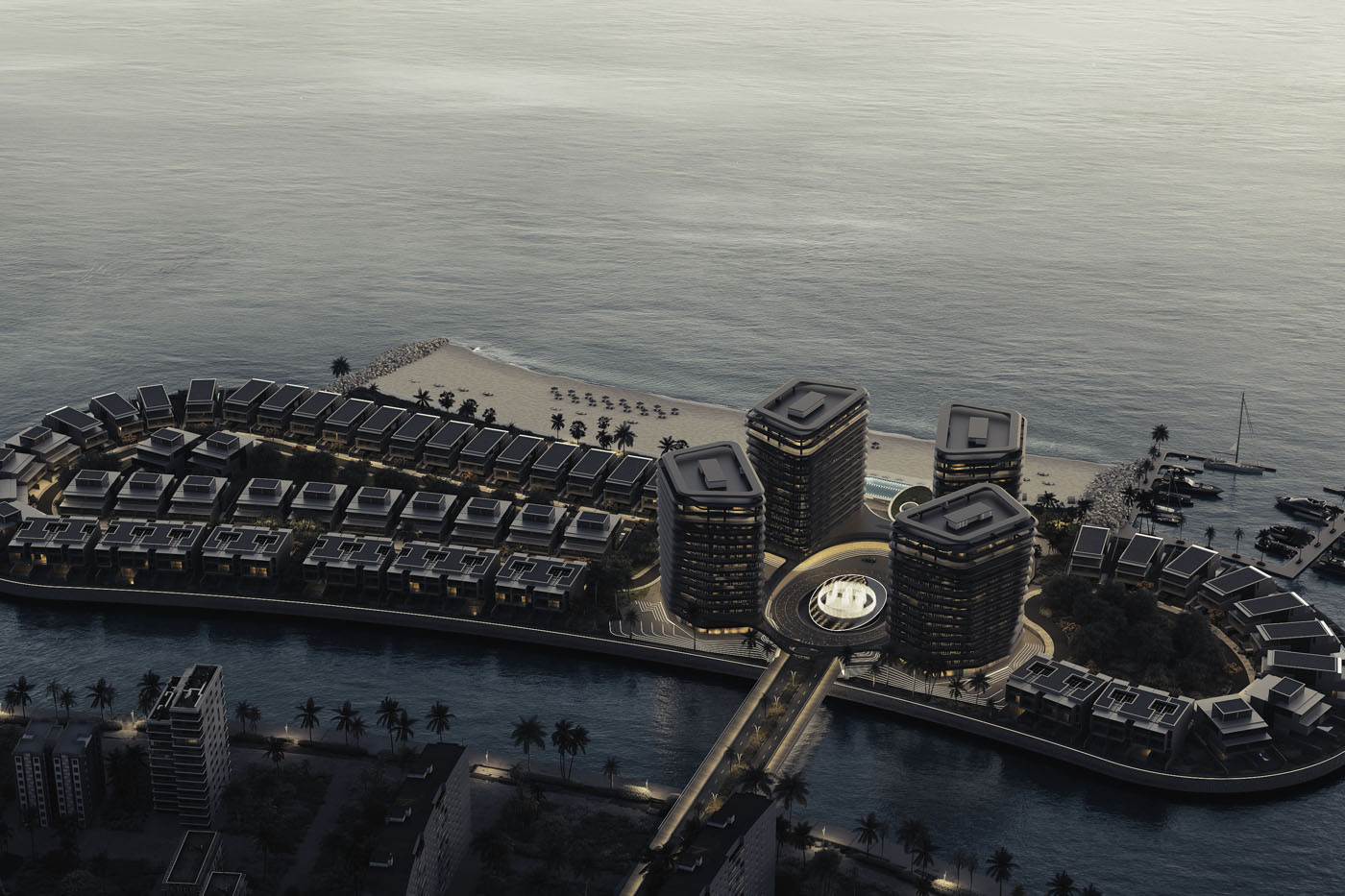Aerial view of a modern waterfront resort complex with three tall buildings, smaller villas, palm trees, a sandy beach, and a marina with yachts.