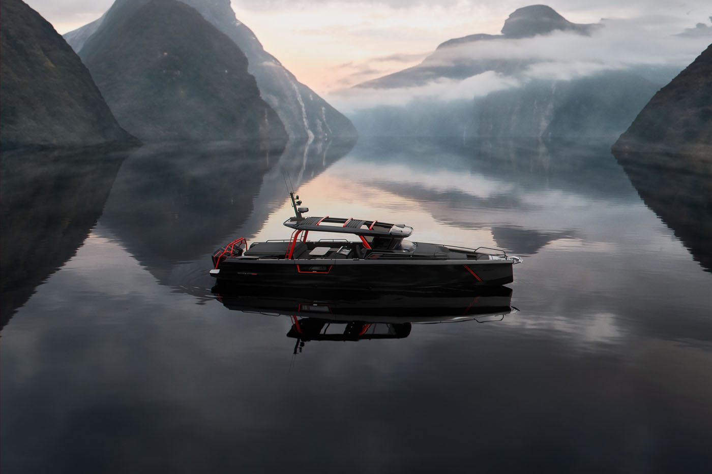 A sleek black boat with red accents, the BRABUS Shadow 1200 Black Ops Signature Edition floats on calm water, surrounded by misty mountains.