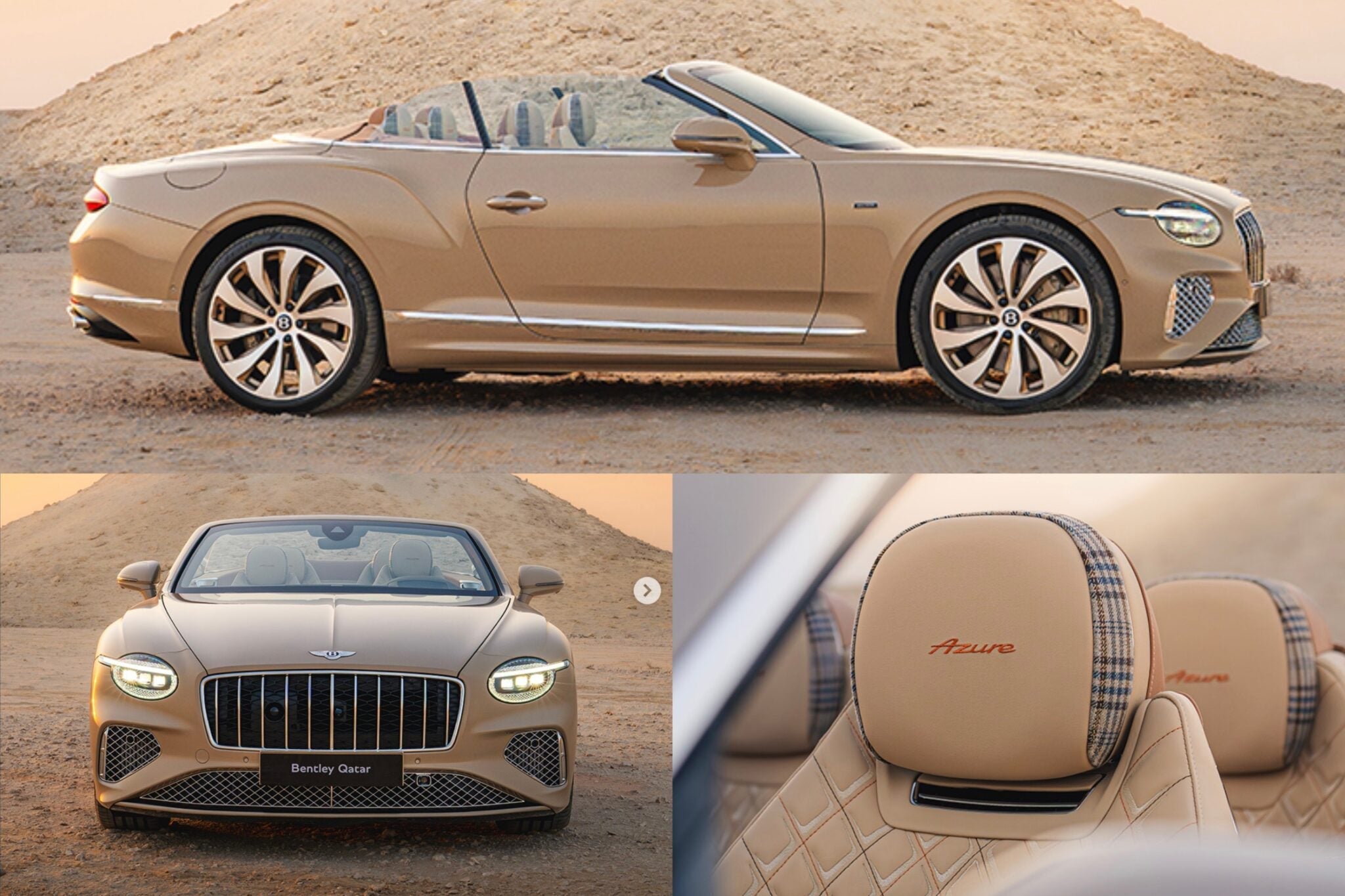 A tan Bentley GTC Azure convertible is parked on a sandy landscape, shown in side, front, and interior detail views with “Azure” stitched on the headrests—a striking sight from Mulliner’s exclusive Qatar Edition.