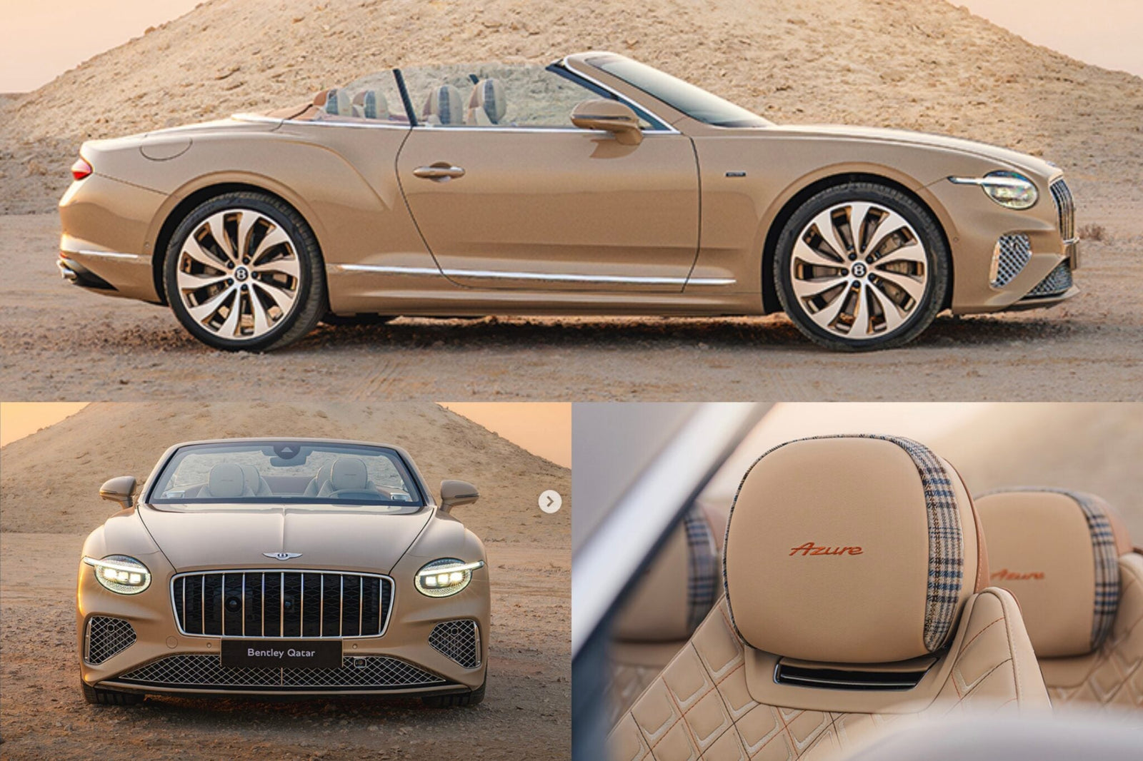 A tan Bentley GTC Azure convertible is parked on a sandy landscape, shown in side, front, and interior detail views with “Azure” stitched on the headrests—a striking sight from Mulliner’s exclusive Qatar Edition.