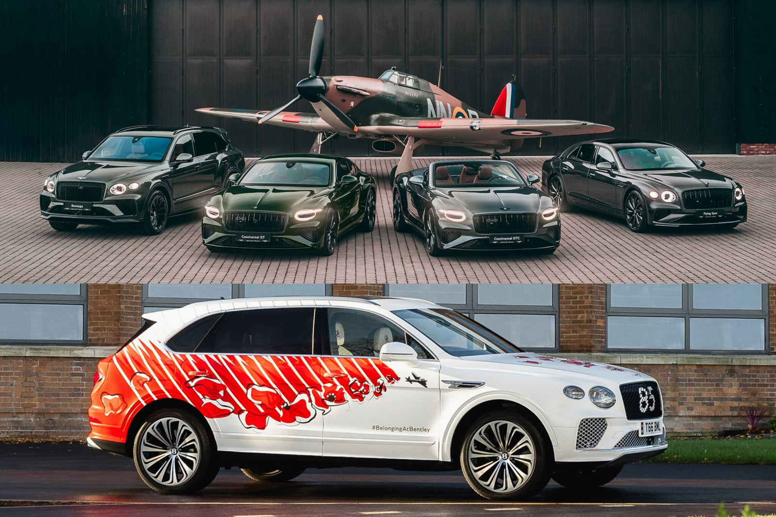 A lineup of five black Bentley cars from the Czech Squadron Collection honors wartime heroes in front of a vintage fighter plane, with a separate 2025 Remembrance Car SUV featuring red graphics parked by a brick building.