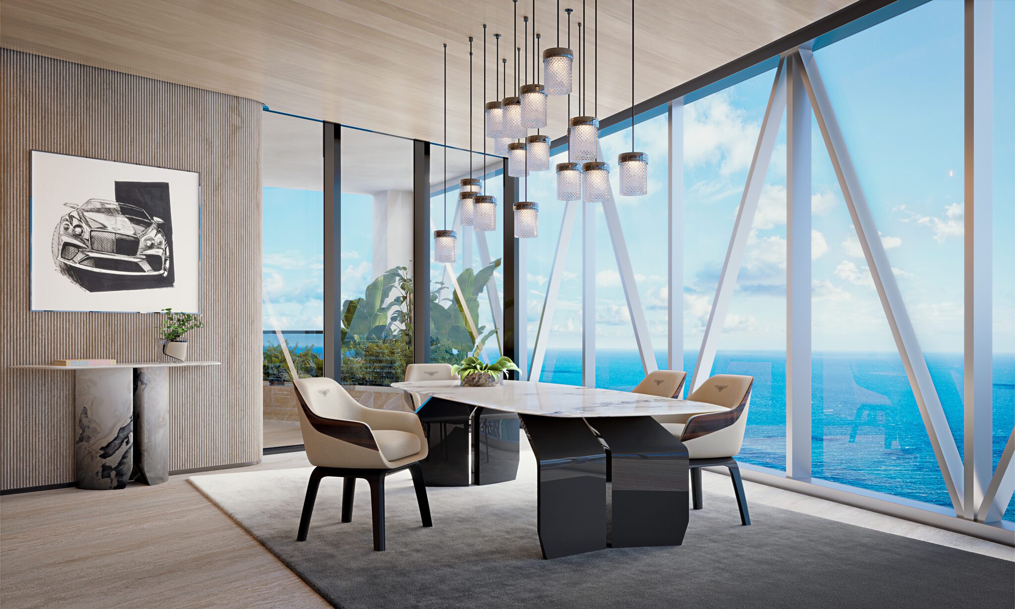 Modern conference room with a marble table, six chairs, pendant lights, large windows revealing an ocean view—echoing the luxury of Miami penthouses in Bentley Residences—with a plant and car artwork on the wall.