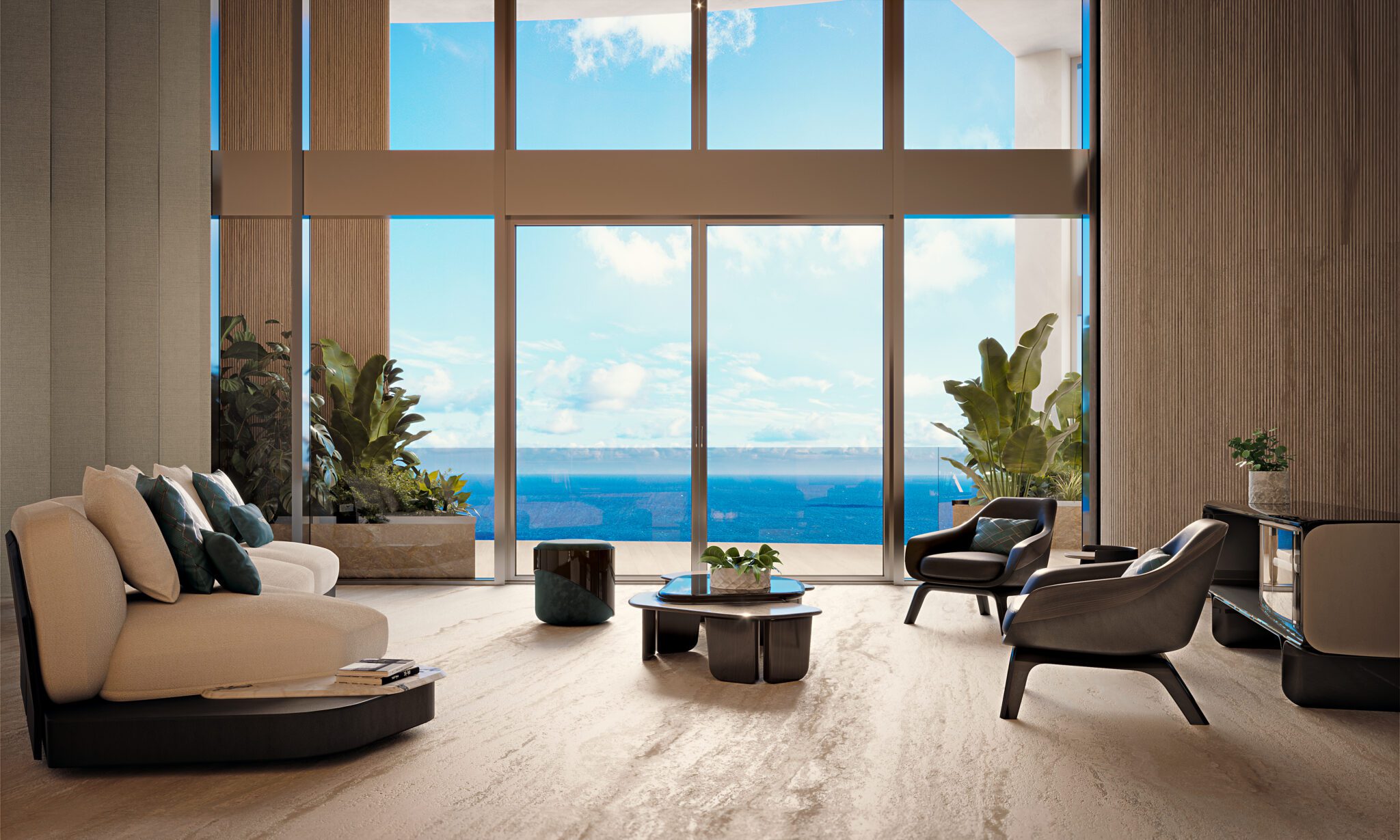 Modern penthouse living room with large floor-to-ceiling windows, beige sofas, elegant chairs, potted plants, and a stunning ocean view under a blue sky—an exquisite example of Miami real estate at Bentley Residences Miami.