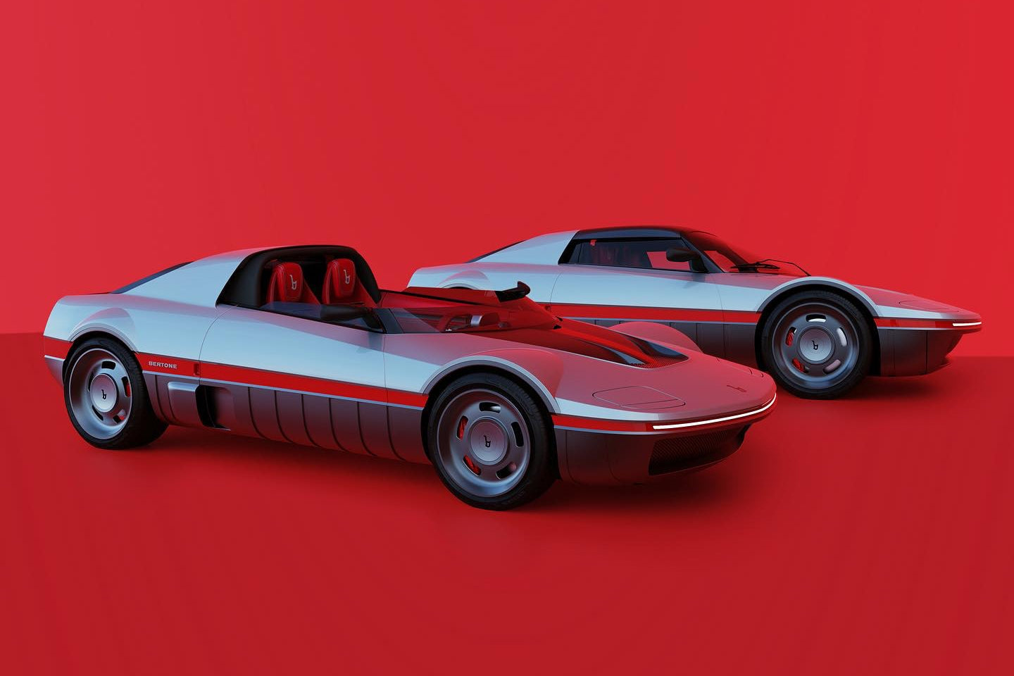 Two futuristic white and red sports cars with sleek, aerodynamic designs are parked side by side against a solid red background, reminiscent of a public debut at Rétromobile Paris 2026 or the legendary Bertone Runabout.