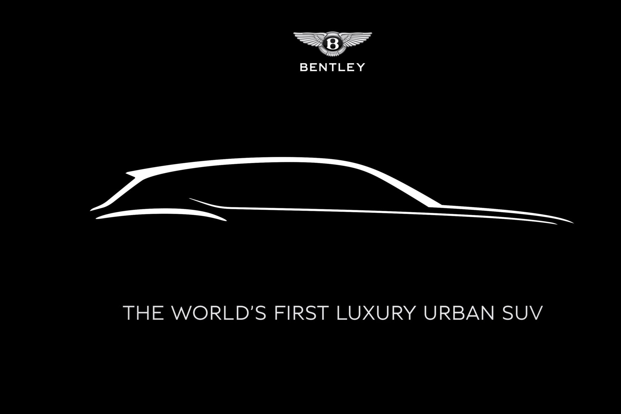Outline of an SUV with text reading "Bentley" and "The World's First Luxury Fully-Electric Urban SUV" on a black background.