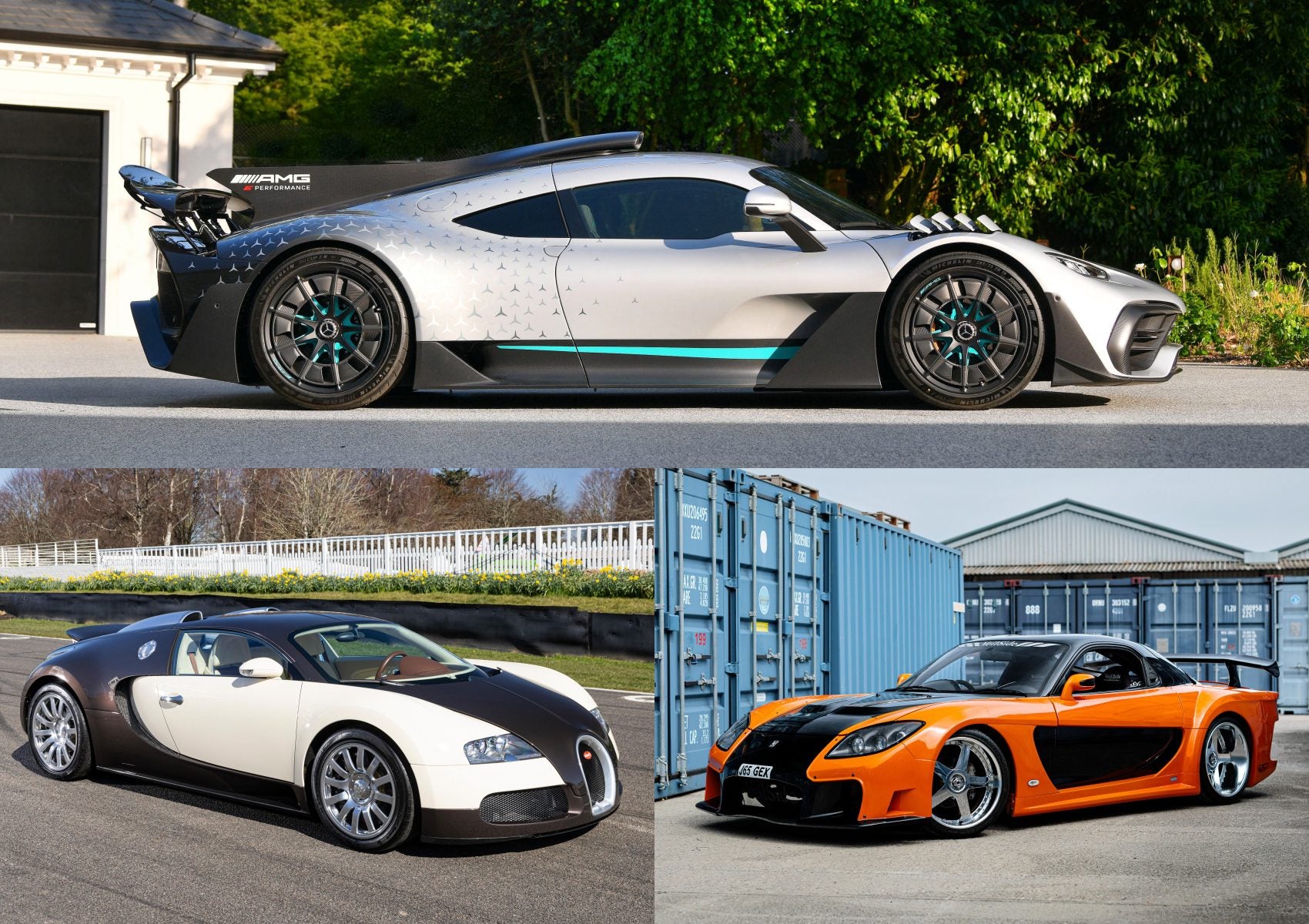 Three supercars parked: a silver Mercedes-AMG One (top), a black and white Bugatti Veyron (bottom left), and an orange-black Mercedes-Benz SLR McLaren Stirling Moss (bottom right)—showcasing top sale highlights from Bonhams Goodwood Festival of Speed.