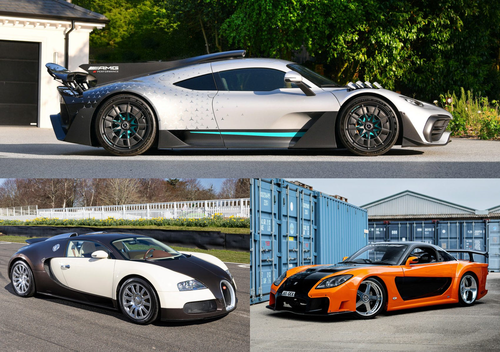 Three supercars parked: a silver Mercedes-AMG One (top), a black and white Bugatti Veyron (bottom left), and an orange-black Mercedes-Benz SLR McLaren Stirling Moss (bottom right)—showcasing top sale highlights from Bonhams Goodwood Festival of Speed.