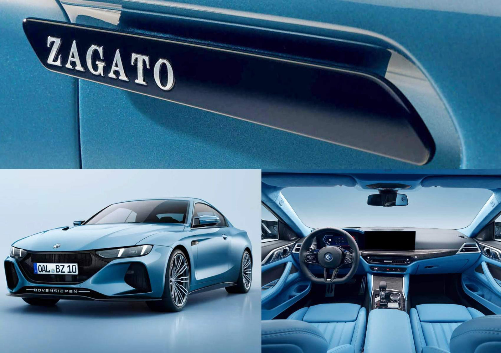Collage showing a blue BMW coupe with Alpina and Zagato branding, close-up of a Zagato badge, exterior front view, and blue-upholstered dashboard—Bavaria Meets Milan: Coach-Built Bovensiepen Zagato Unveiled At Lake Como.