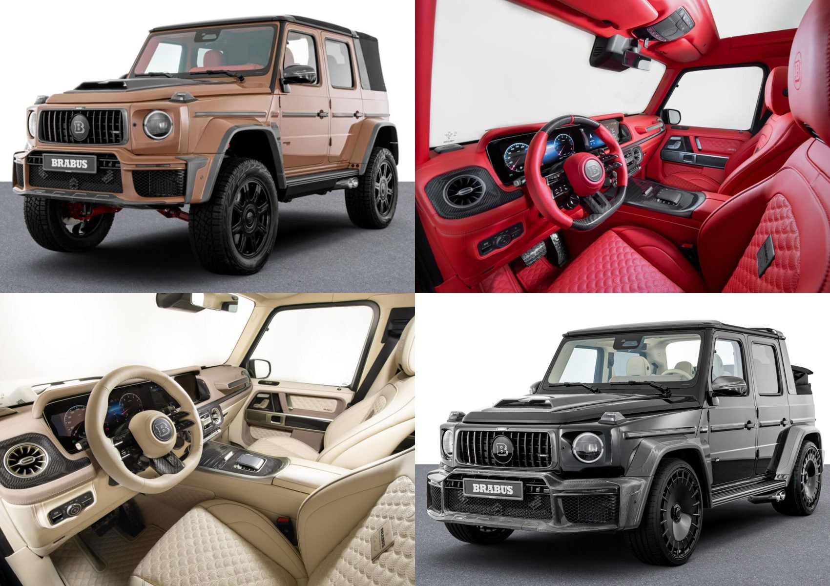 A collage showcases the Brabus Debuts 800 Cabrio and XL 800 Cabrio: one in brown with a beige interior, and another in black with a striking red interior, highlighting their standout exterior and interior features.