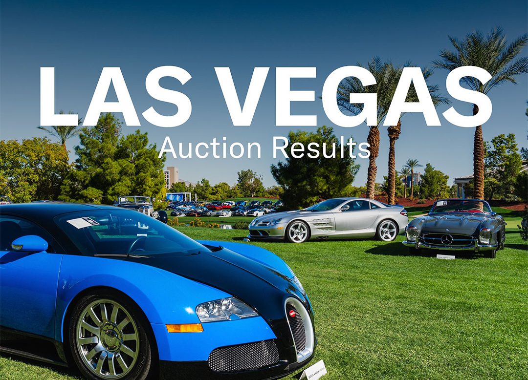Three luxury sports cars, including a Bugatti Veyron, are displayed on a grassy lawn with palm trees in the background; large white text reads "LAS VEGAS Auction Results" from the Broad Arrow Las Vegas Auction.