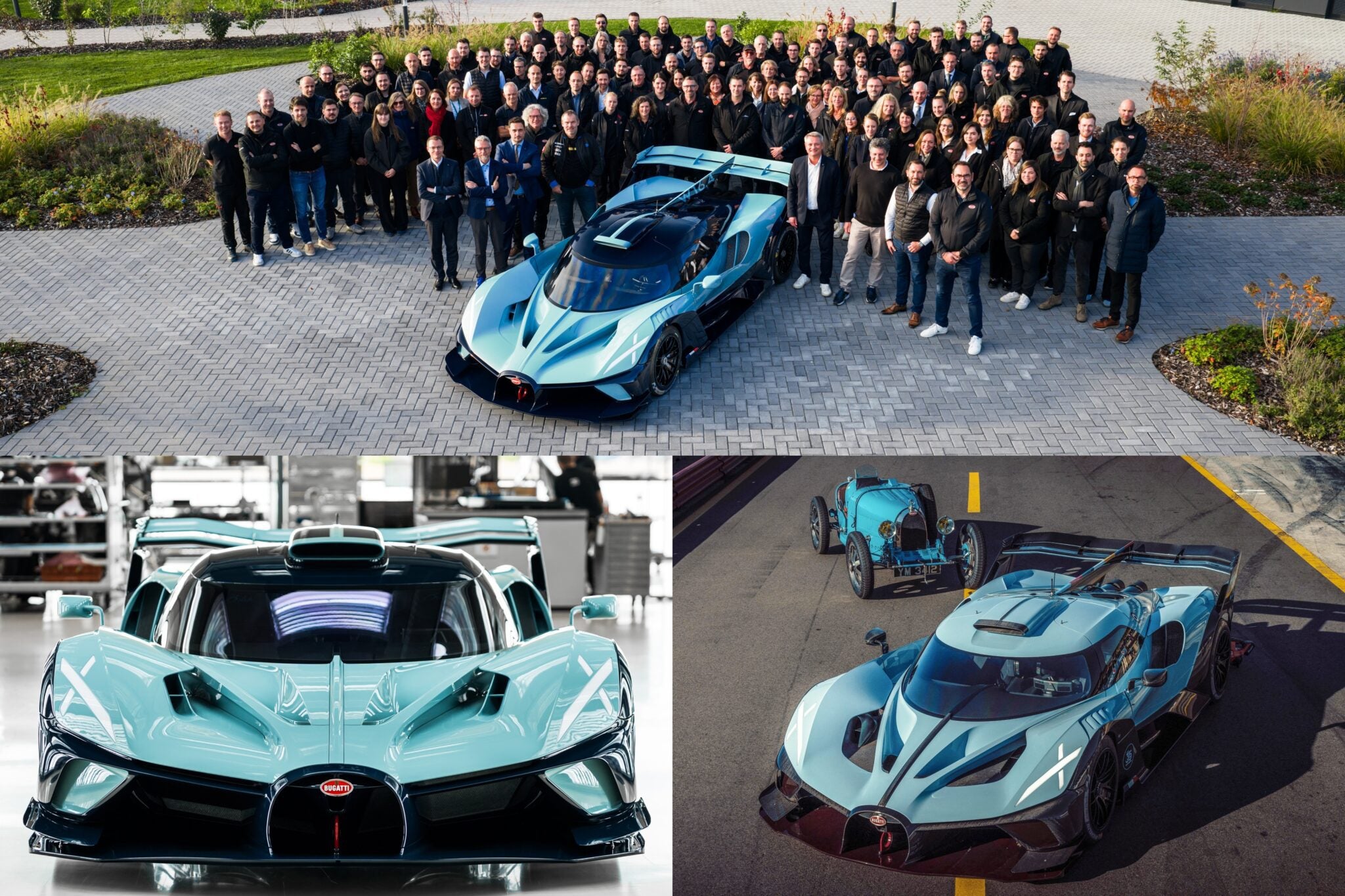 A group of people stands around a turquoise Bugatti Bolide hypercar; close-ups and side views of the same car, likely part of a private car collection, are shown in the lower two images.