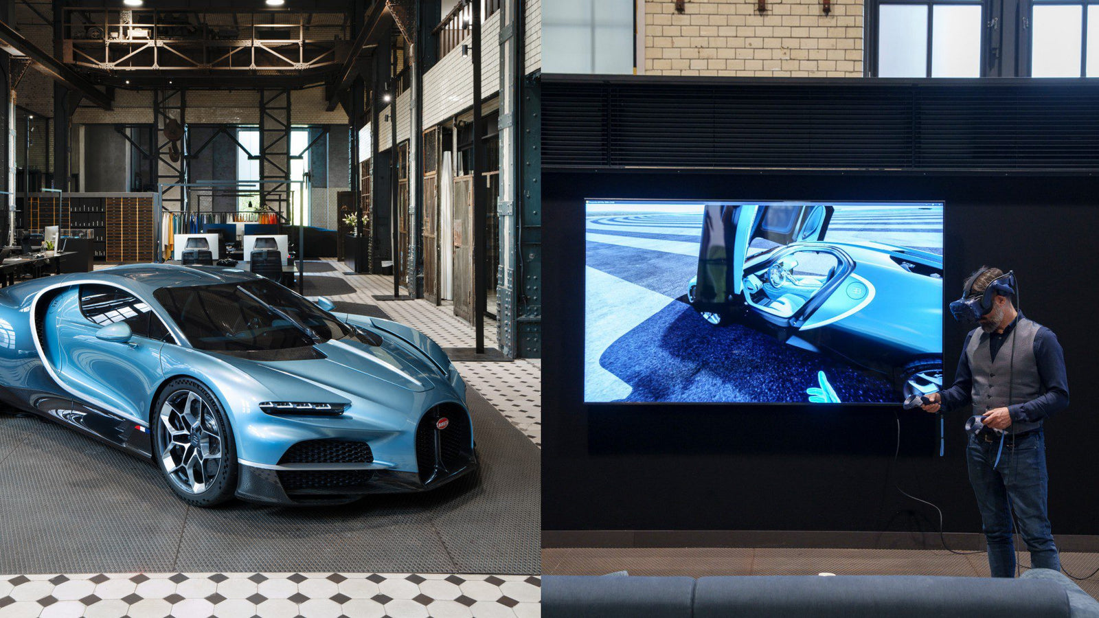 A blue hypercar sits in an industrial showroom; next to it, a person uses virtual reality gear while viewing Bugatti Design elements on a large screen.