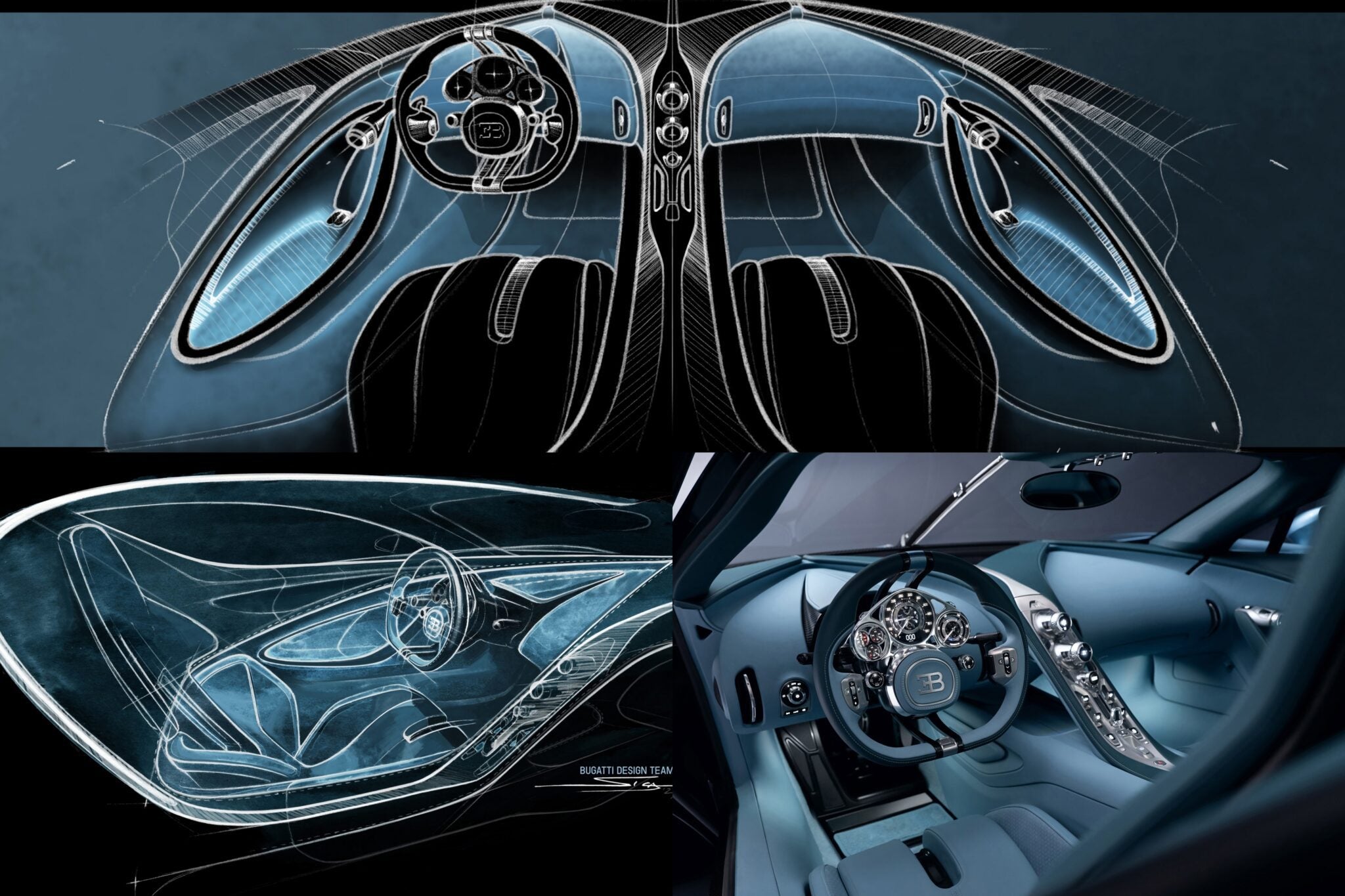 A collage showcasing Bugatti hypercar interior sketches in white and blue lines, paired with a photo of the finished Bugatti Tourbillon interior featuring matching blue seats and advanced controls.