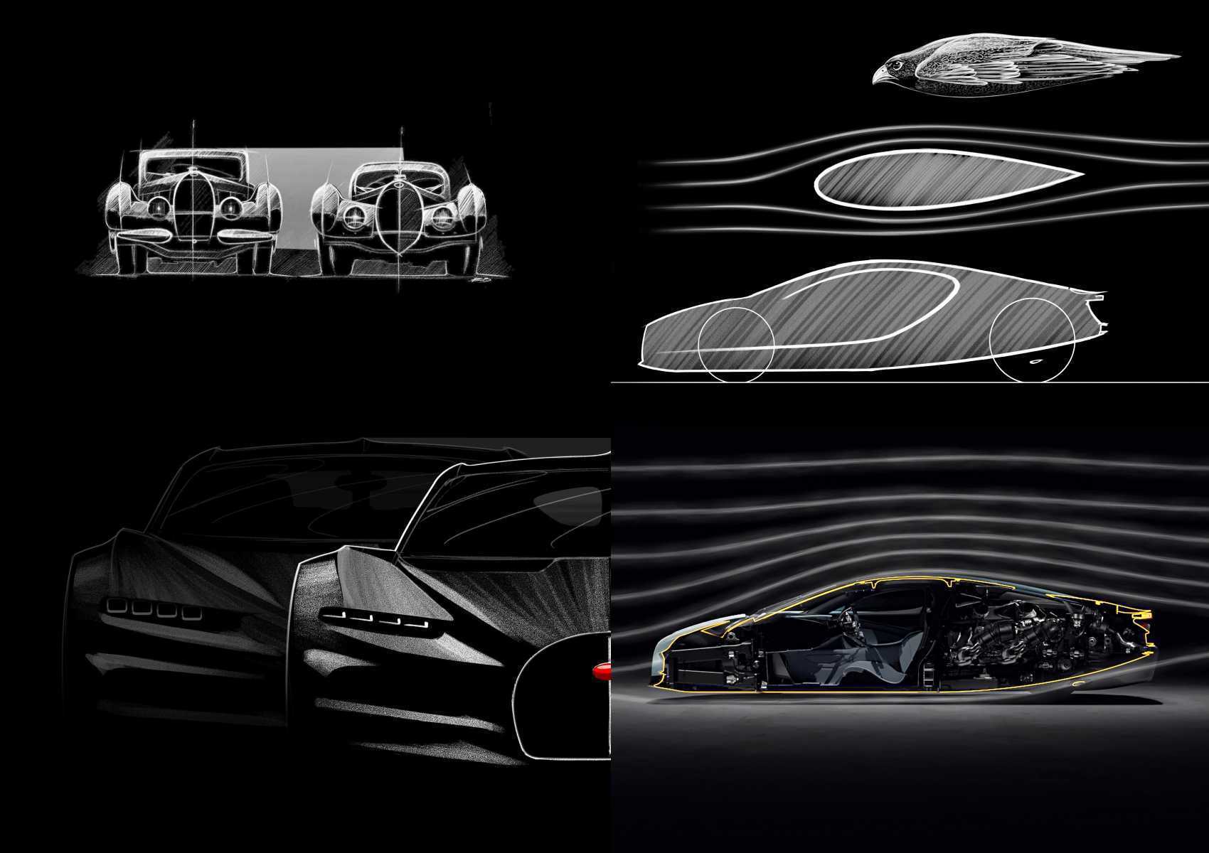 Four panels show car and bird designs with aerodynamic lines: vintage cars, a bird in flight, a modern car sketch, and a car cutaway with airflow patterns highlighted.