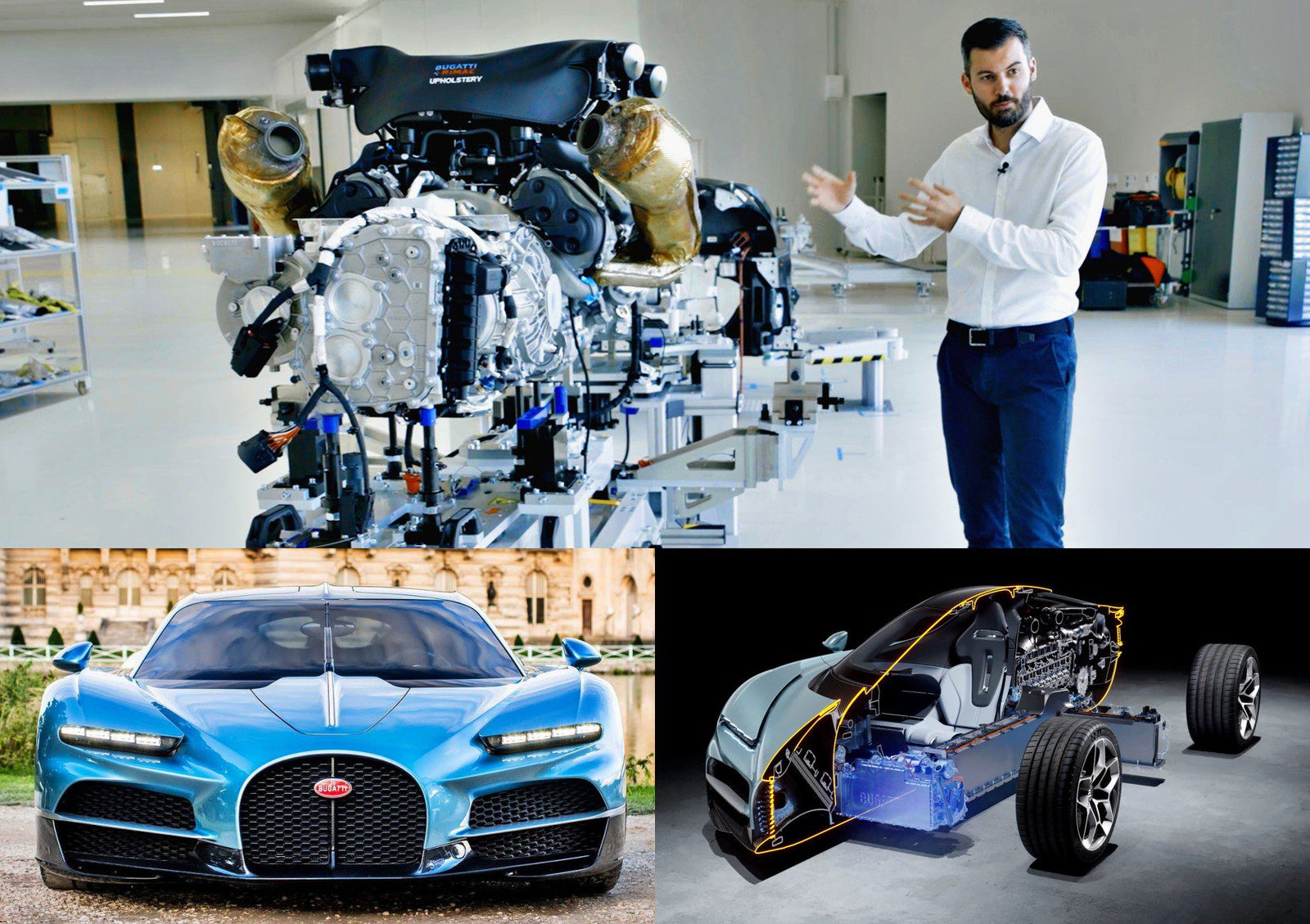 Collage showing a car engine, Mate Rimac speaking, a Bugatti Tourbillon sports car front view, and a technical diagram highlighting the Hybrid V16 with exposed interior components.