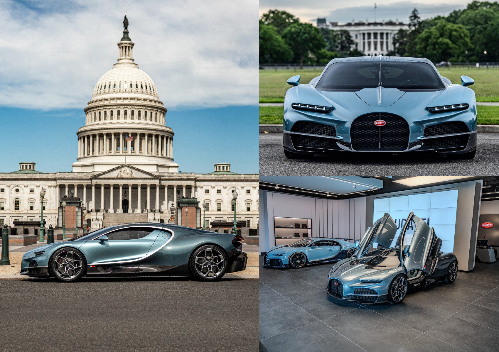 A blue Bugatti sports car is displayed indoors with its doors open, showcased in a Washington D.C. showroom in front of the U.S. Capitol and facing the White House.