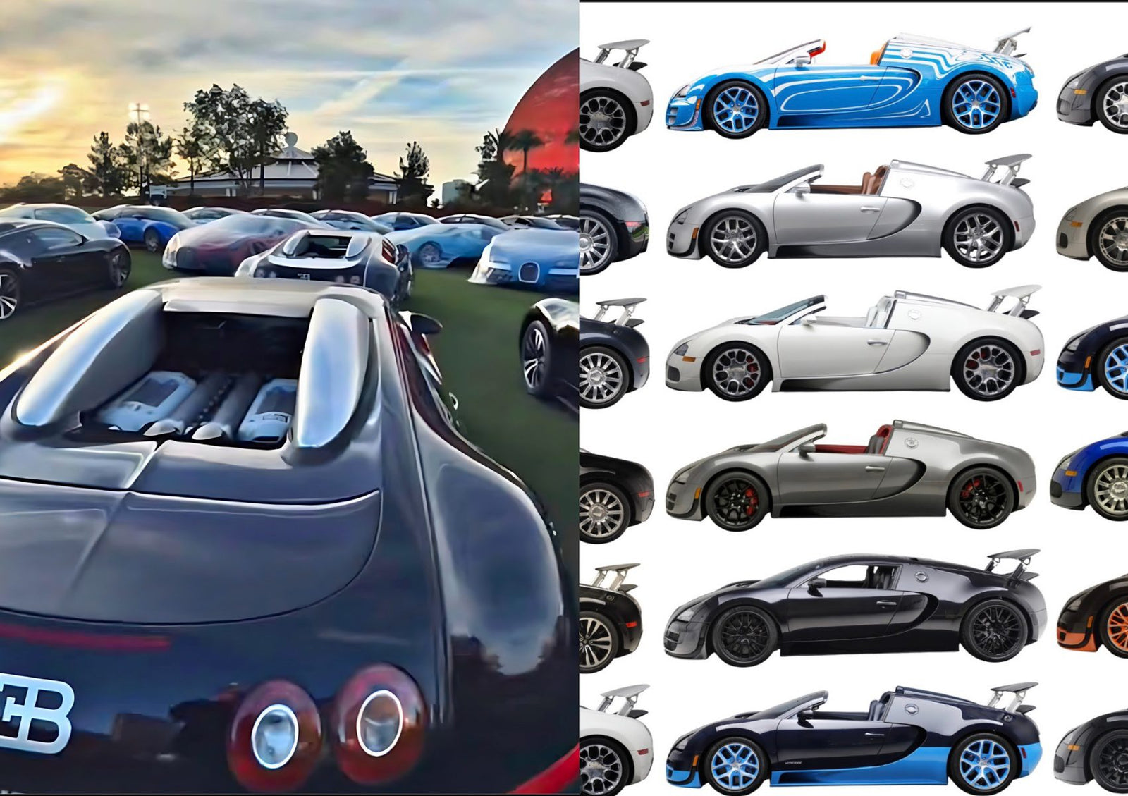 A record-breaking gathering: 60 Bugattis unite at the Las Vegas Concours d’Elegance, with sports cars parked outdoors at sunset on the left and various Bugatti models shown in profile on a white background on the right.