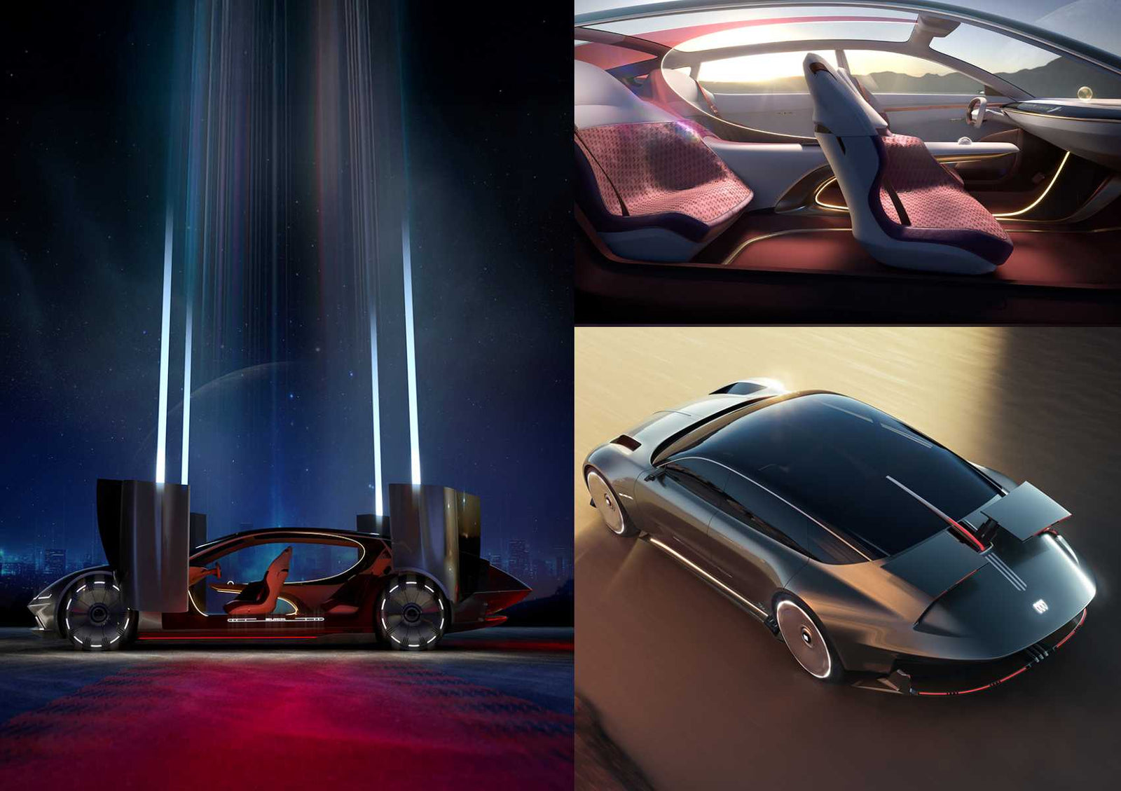 A futuristic Buick Electra Orbit Concept car, where '50s Jet Age meets modern minimalism, is shown with open doors under vertical lights, a sleek two-seat interior, and an overhead view as it drives across sandy terrain.