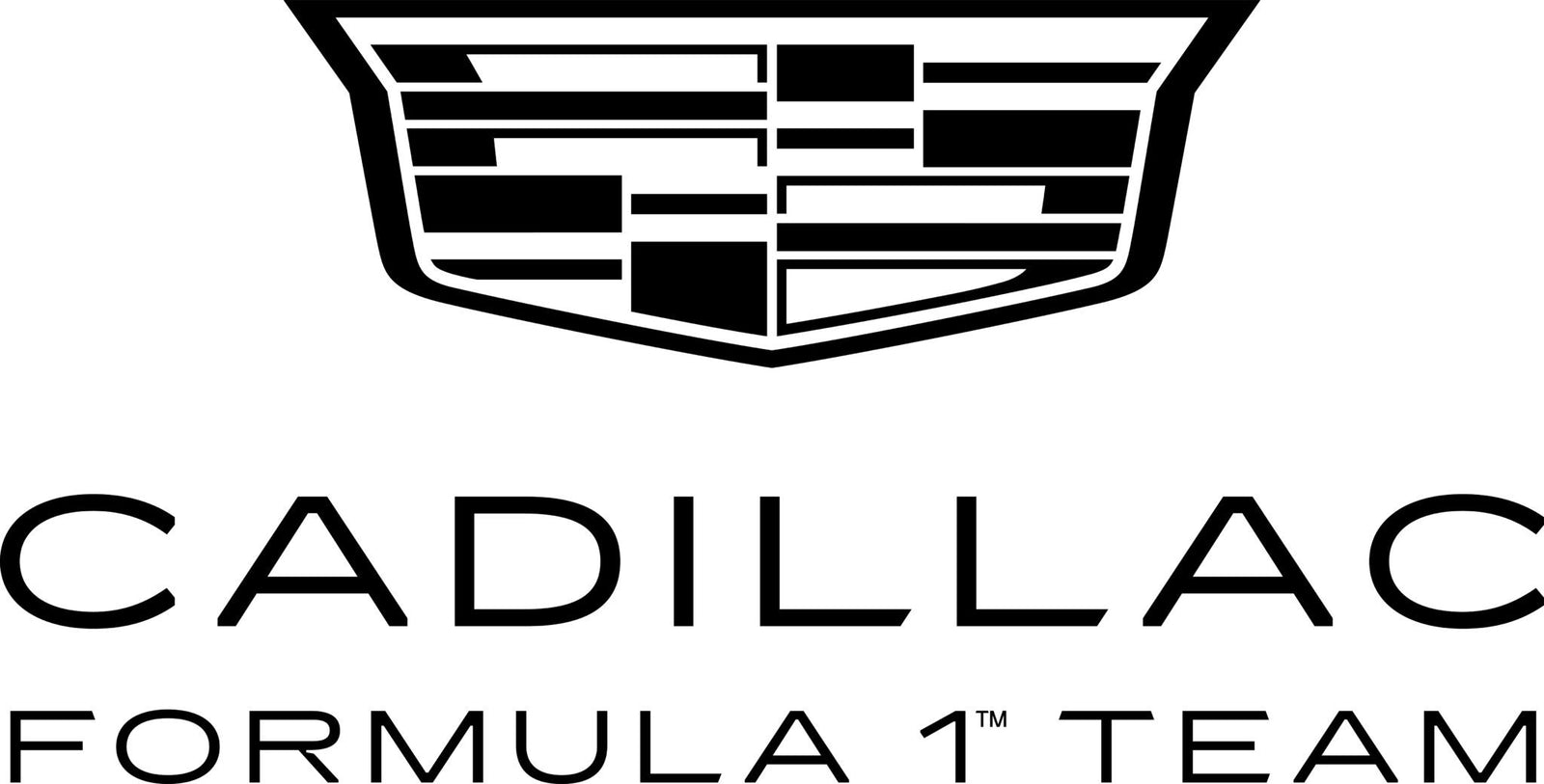 Black and white logo featuring a stylized Cadillac crest above the words "Cadillac Formula 1 Team" in bold, modern lettering.
