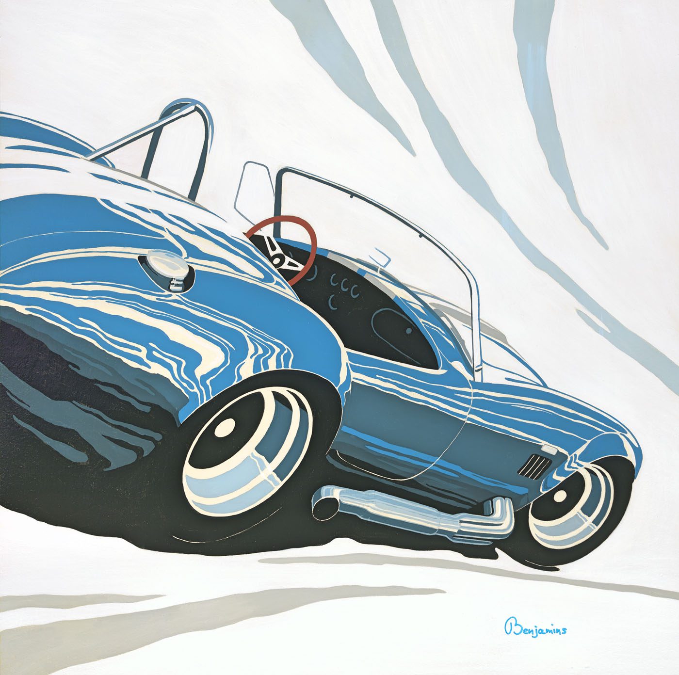 Illustration of a vintage blue convertible sports car viewed from a low angle, transforming its curved lines and chrome details into captivating motorsport art, set against an abstract white and gray background.