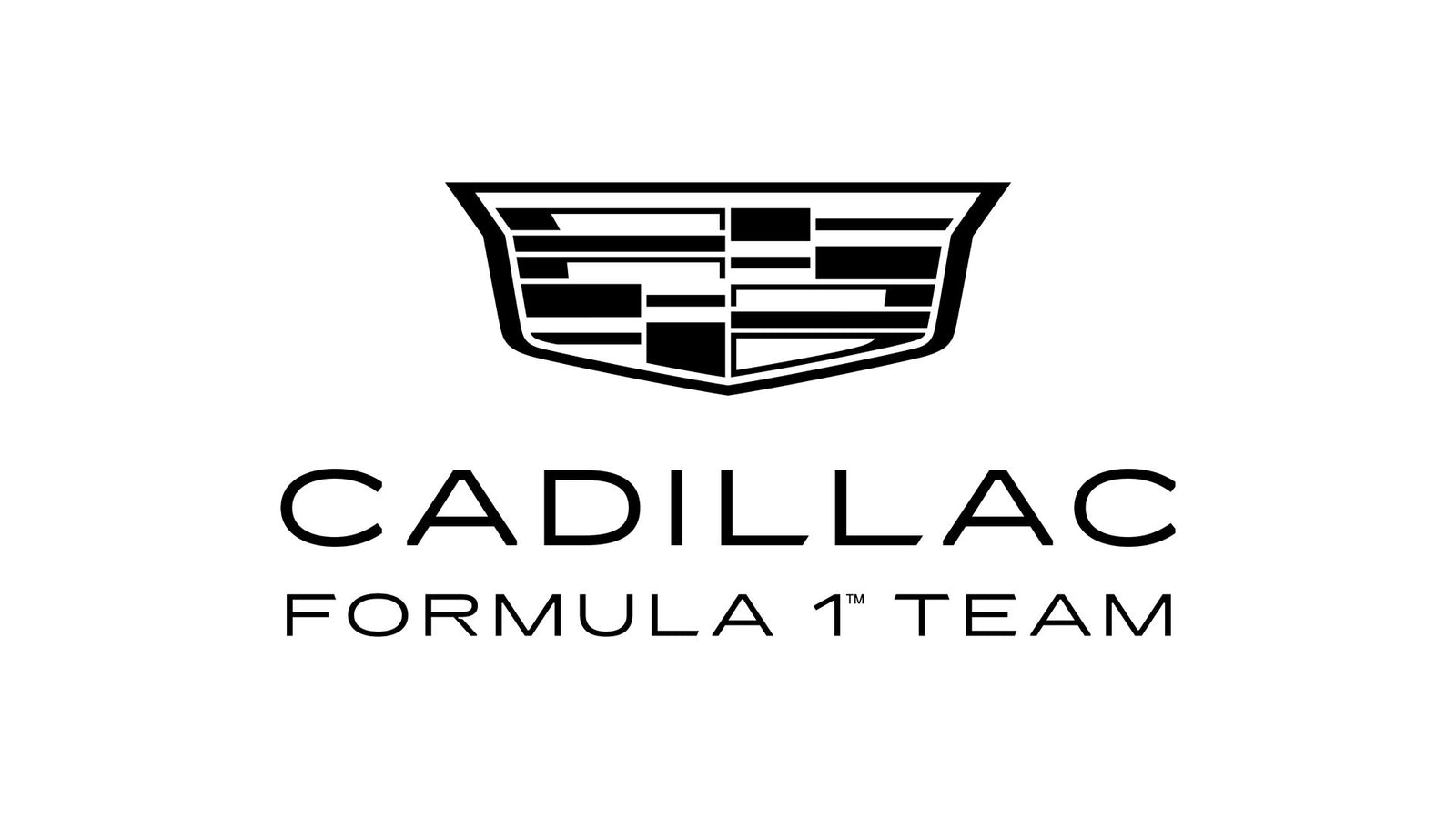 Black and white Cadillac Formula 1 new logo above the words “CADILLAC FORMULA 1 TEAM” on a white background, unveiled at the Miami Grand Prix.