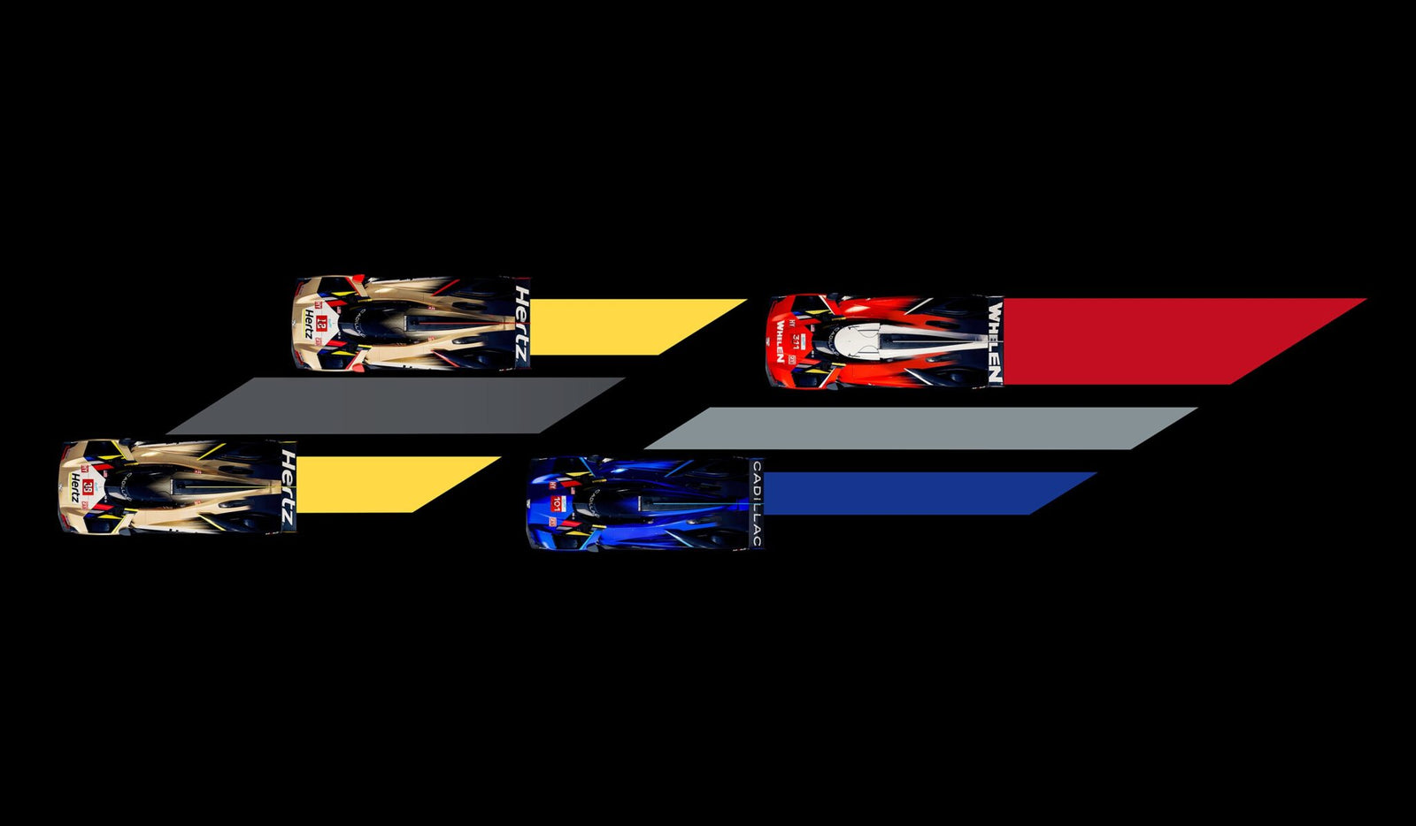 Four racing cars, viewed from above, aligned with yellow, red, grey, and blue diagonal stripes on a black background.