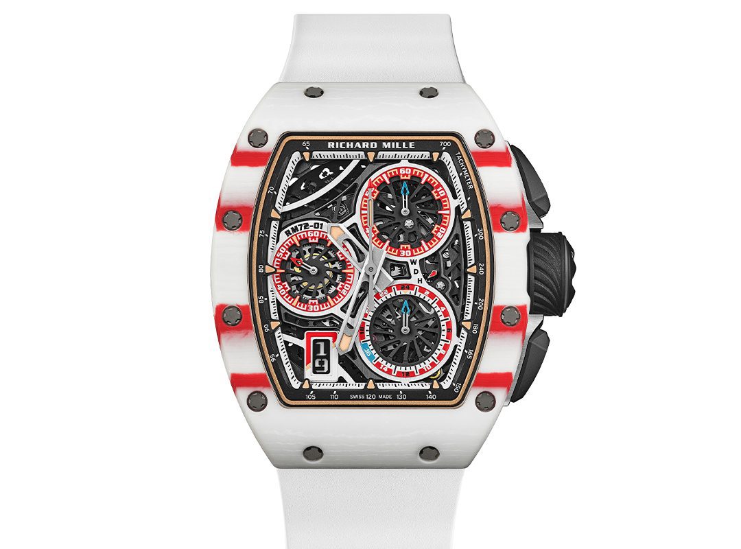 A Richard Mille RM 72-01 Chronograph inspired by Charles Leclerc, featuring a white and red case, black dial with three subdials, black side buttons, and a white strap.